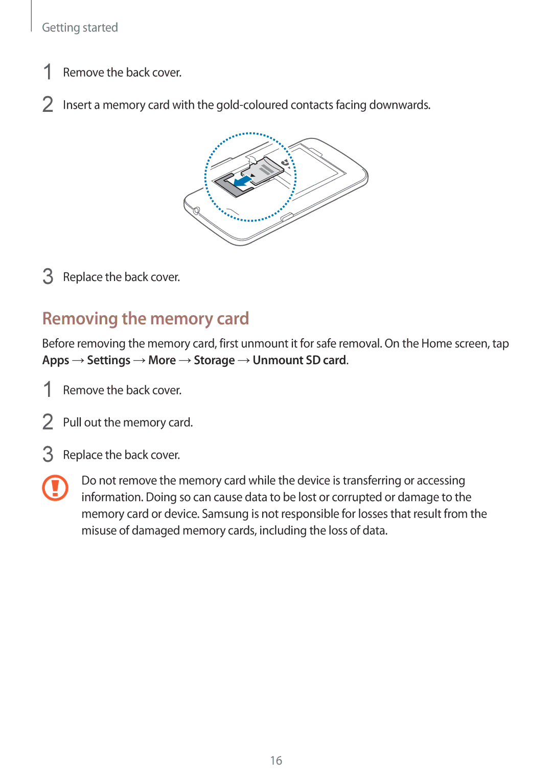 Samsung SM-G3815ZBAATL, SM-G3815RWAVGR, SM-G3815RWASEB, SM-G3815ZBASEB, SM-G3815RWAVD2 manual Removing the memory card 