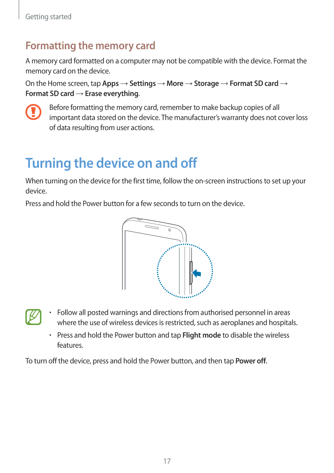 Samsung SM-G3815ZBABGL, SM-G3815RWAVGR, SM-G3815RWASEB manual Turning the device on and off, Formatting the memory card 