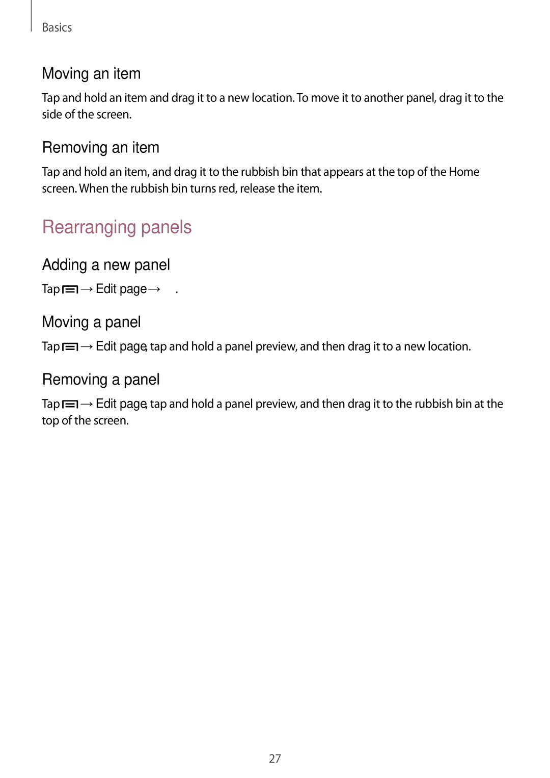 Samsung SM-G3815ZBAVD2, SM-G3815RWAVGR, SM-G3815RWASEB, SM-G3815ZBASEB, SM-G3815RWAVD2, SM-G3815ZBATCL manual Rearranging panels 