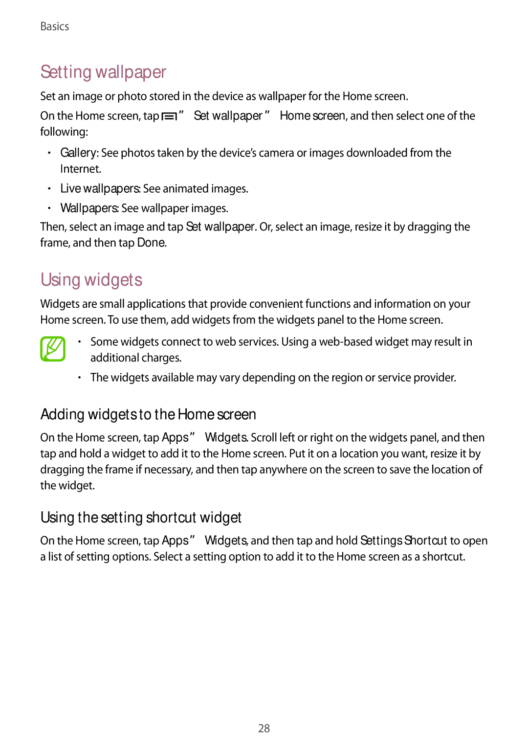 Samsung SM-G3815ZBAVGR, SM-G3815RWAVGR, SM-G3815RWASEB Setting wallpaper, Using widgets, Adding widgets to the Home screen 