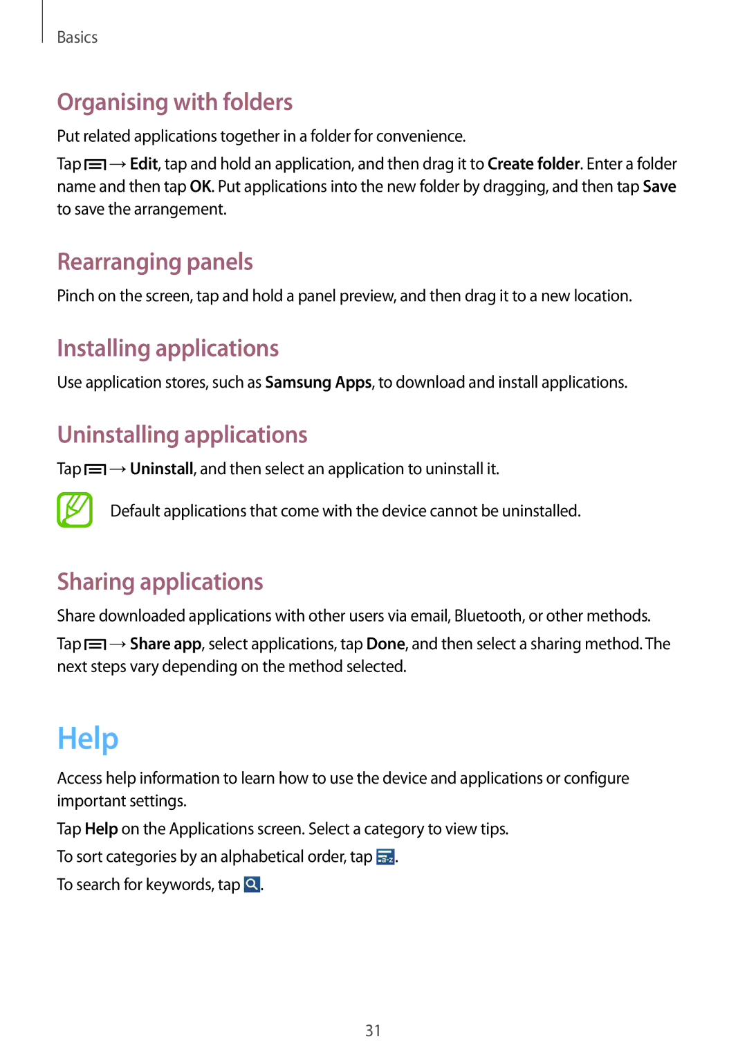 Samsung SM-G3815RWASFR, SM-G3815RWAVGR Help, Organising with folders, Installing applications, Uninstalling applications 