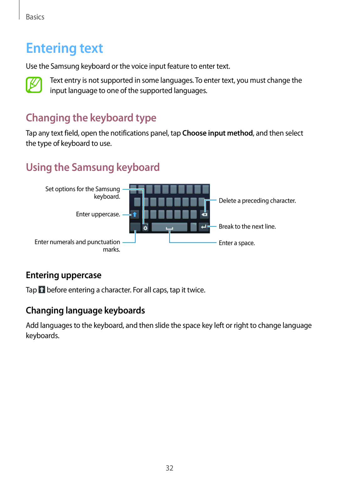 Samsung SM-G3815ZBAOMN manual Entering text, Changing the keyboard type, Entering uppercase, Changing language keyboards 