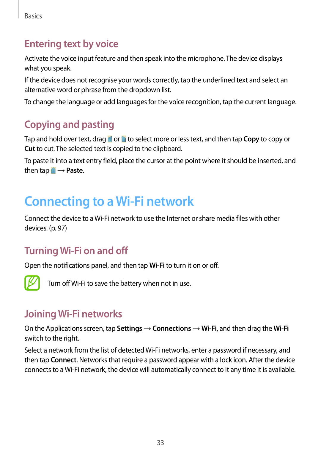 Samsung SM-G3815RWAOMN Connecting to a Wi-Fi network, Entering text by voice, Copying and pasting, Joining Wi-Fi networks 