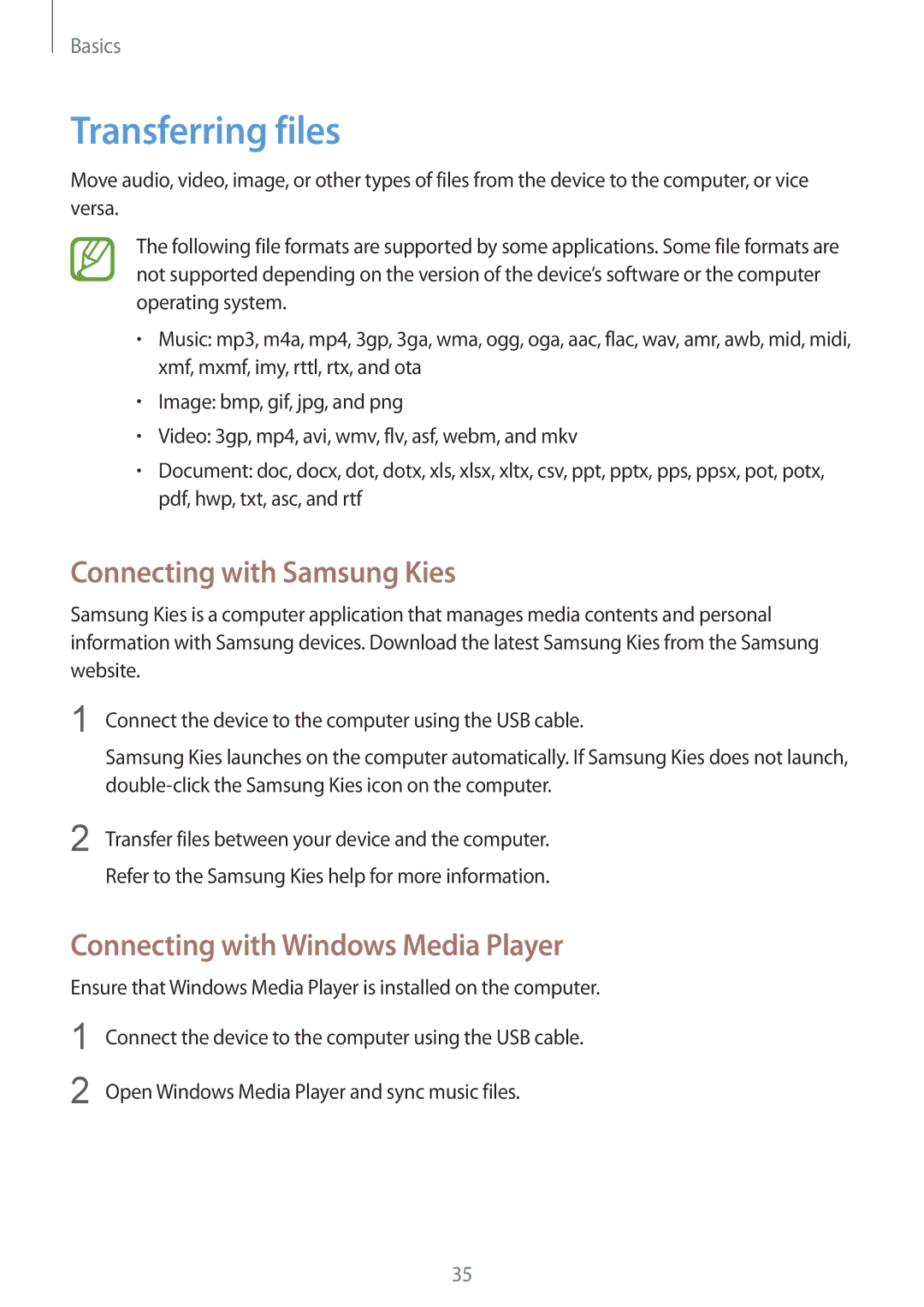 Samsung SM-G3815ZBAPHE manual Transferring files, Connecting with Samsung Kies, Connecting with Windows Media Player 