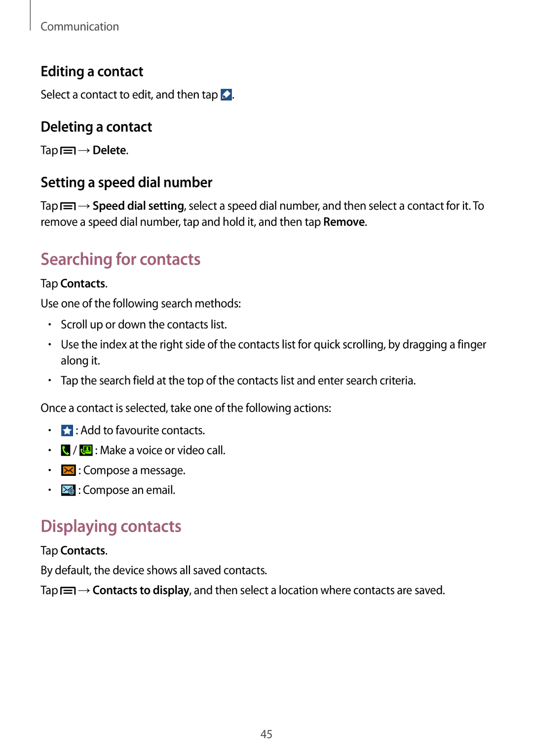 Samsung SM-G3815RWASEB, SM-G3815RWAVGR Searching for contacts, Displaying contacts, Editing a contact, Deleting a contact 