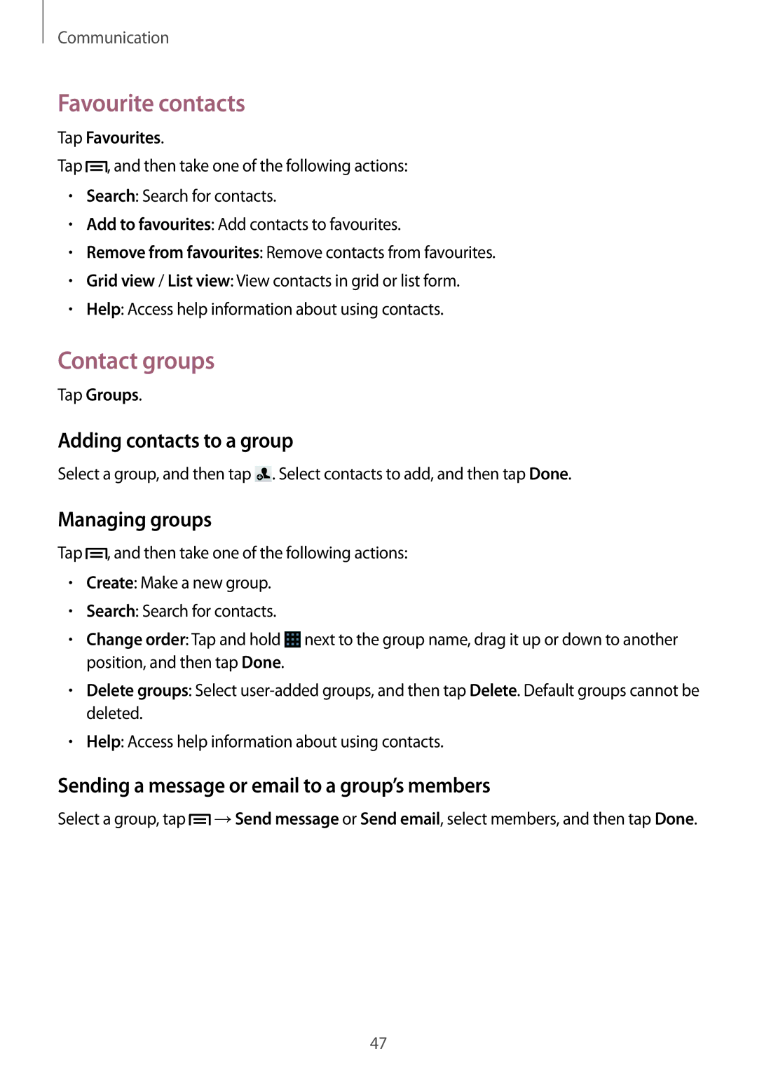 Samsung SM-G3815RWAVD2, SM-G3815RWAVGR Favourite contacts, Contact groups, Adding contacts to a group, Managing groups 