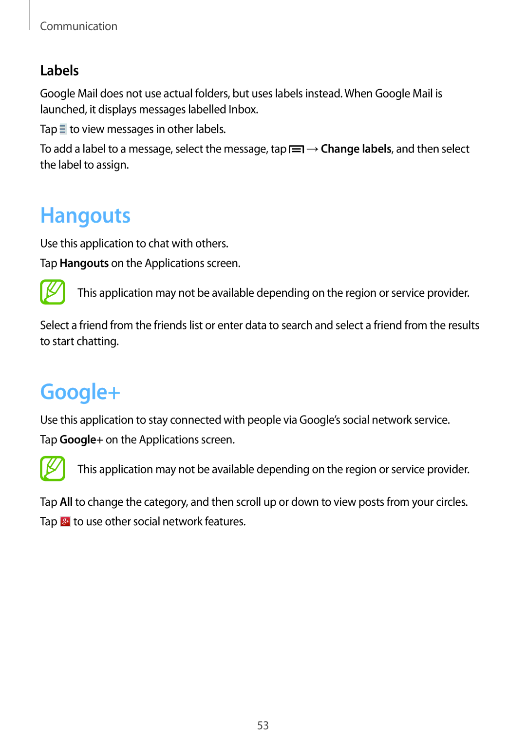 Samsung SM-G3815RWASFR, SM-G3815RWAVGR, SM-G3815RWASEB, SM-G3815ZBASEB, SM-G3815RWAVD2 manual Hangouts, Google+, Labels 