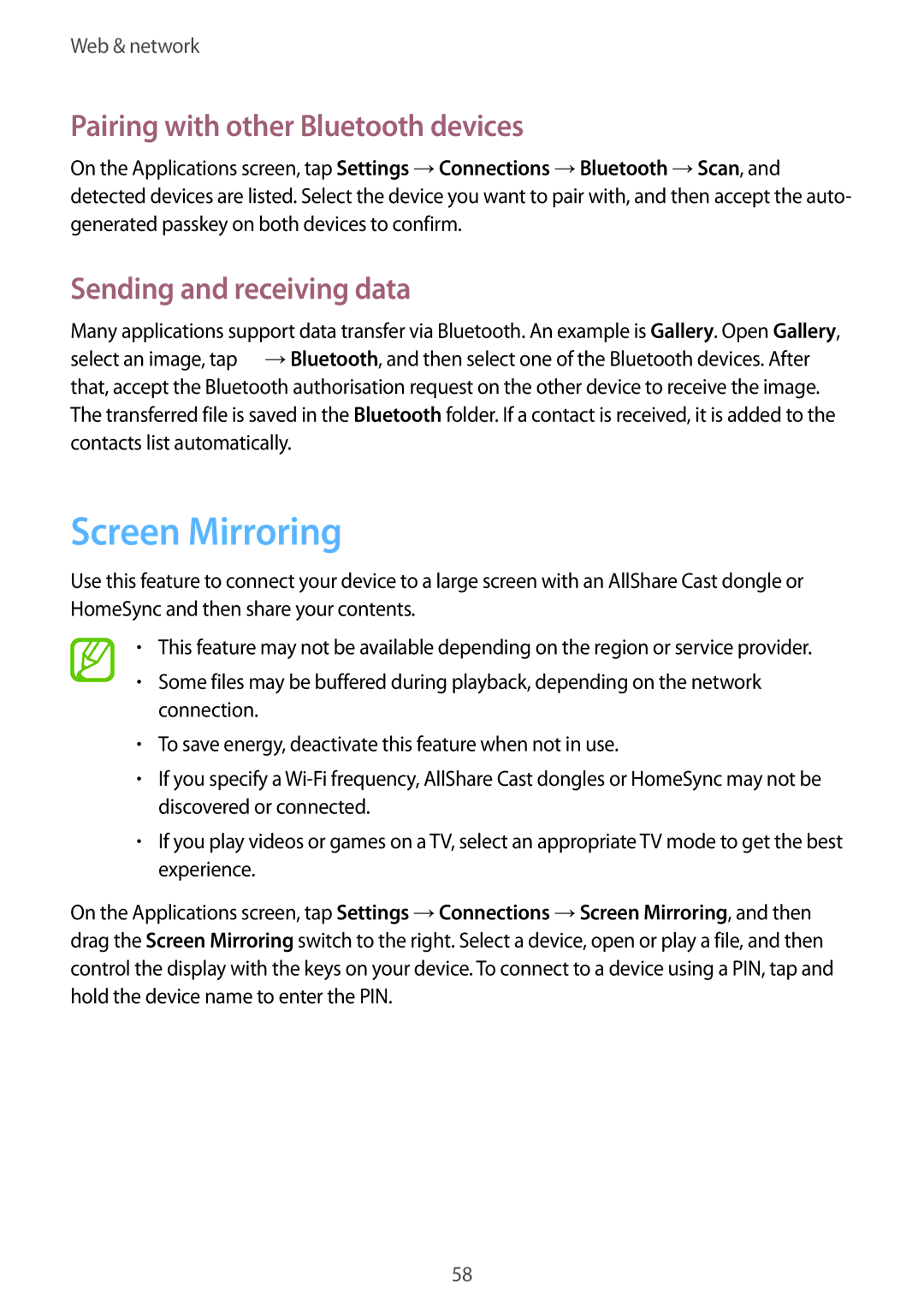 Samsung SM-G3815RWAATL, SM-G3815RWAVGR Screen Mirroring, Pairing with other Bluetooth devices, Sending and receiving data 