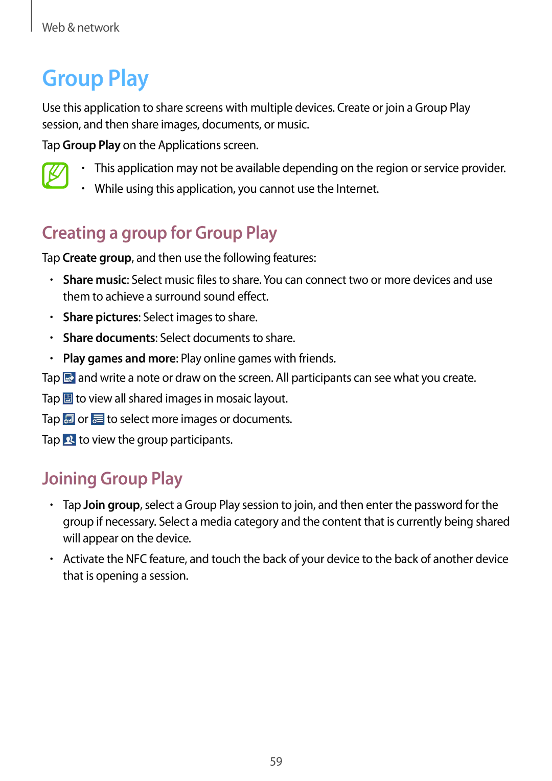 Samsung SM-G3815RWAPHE, SM-G3815RWAVGR, SM-G3815RWASEB manual Creating a group for Group Play, Joining Group Play 