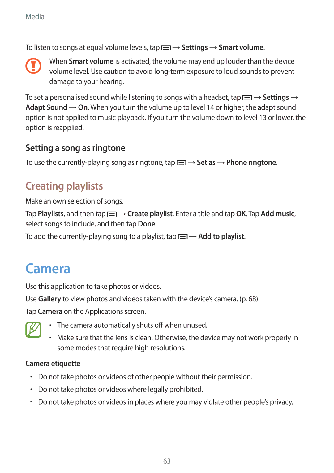 Samsung SM-G3815RWAAUT, SM-G3815RWAVGR, SM-G3815RWASEB Creating playlists, Setting a song as ringtone, Camera etiquette 