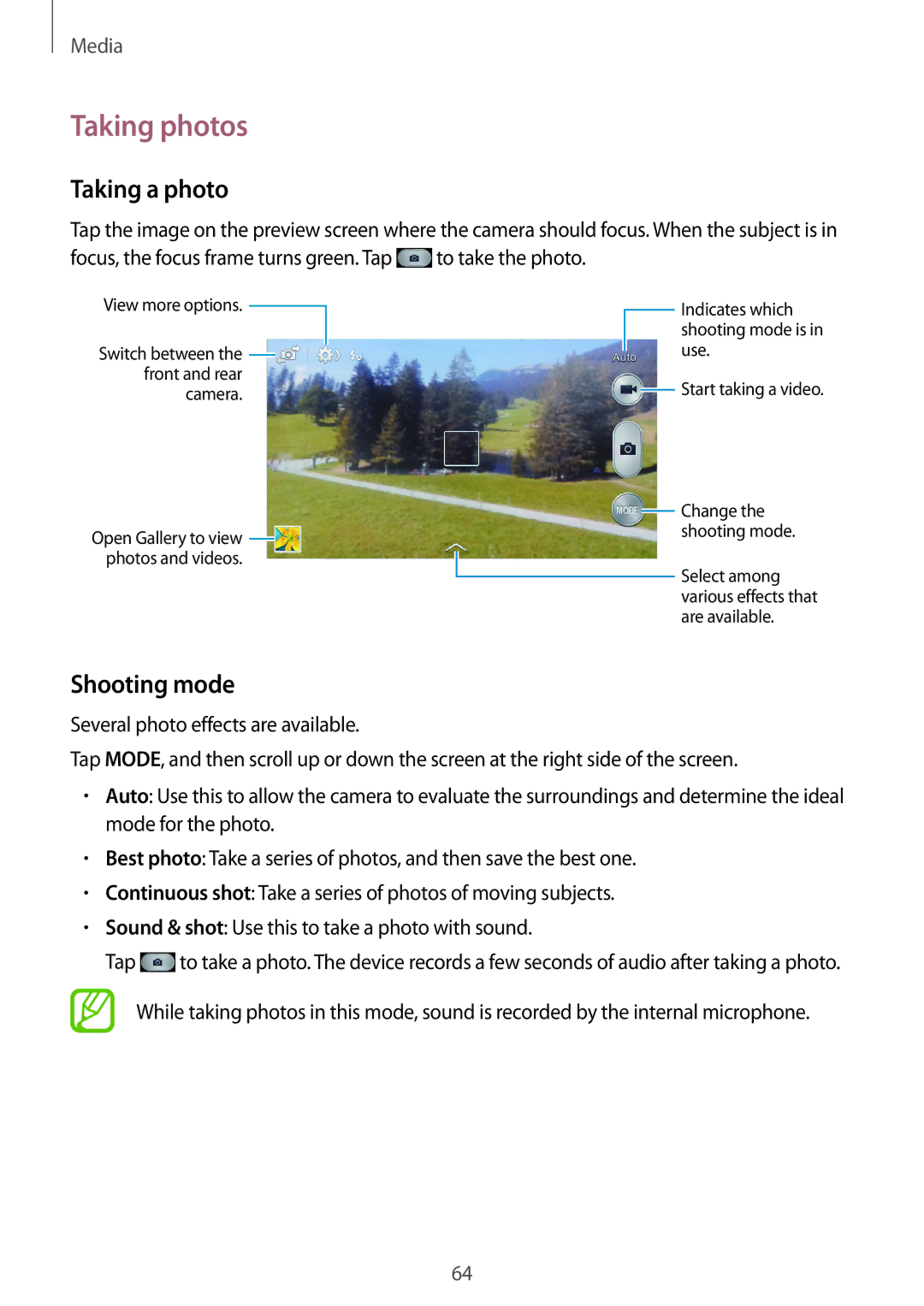 Samsung SM-G3815ZBAVDC, SM-G3815RWAVGR, SM-G3815RWASEB, SM-G3815ZBASEB manual Taking photos, Taking a photo, Shooting mode 