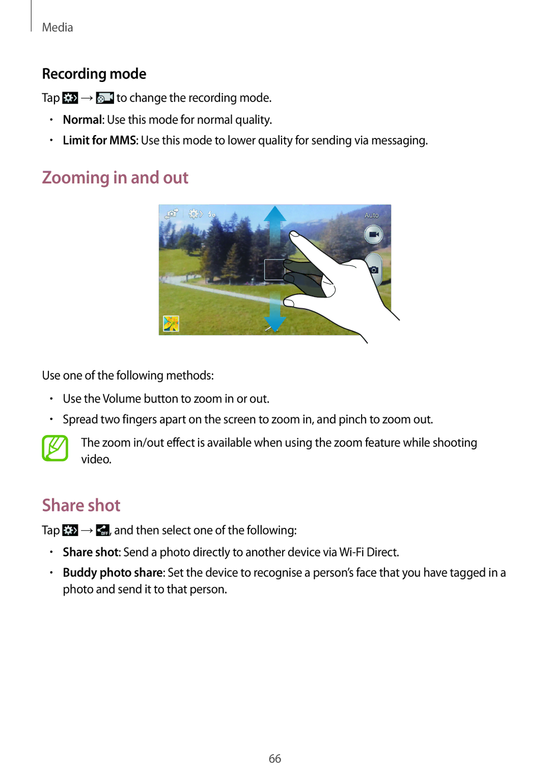 Samsung SM-G3815RWAVGR, SM-G3815RWASEB, SM-G3815ZBASEB, SM-G3815RWAVD2 manual Zooming in and out, Share shot, Recording mode 