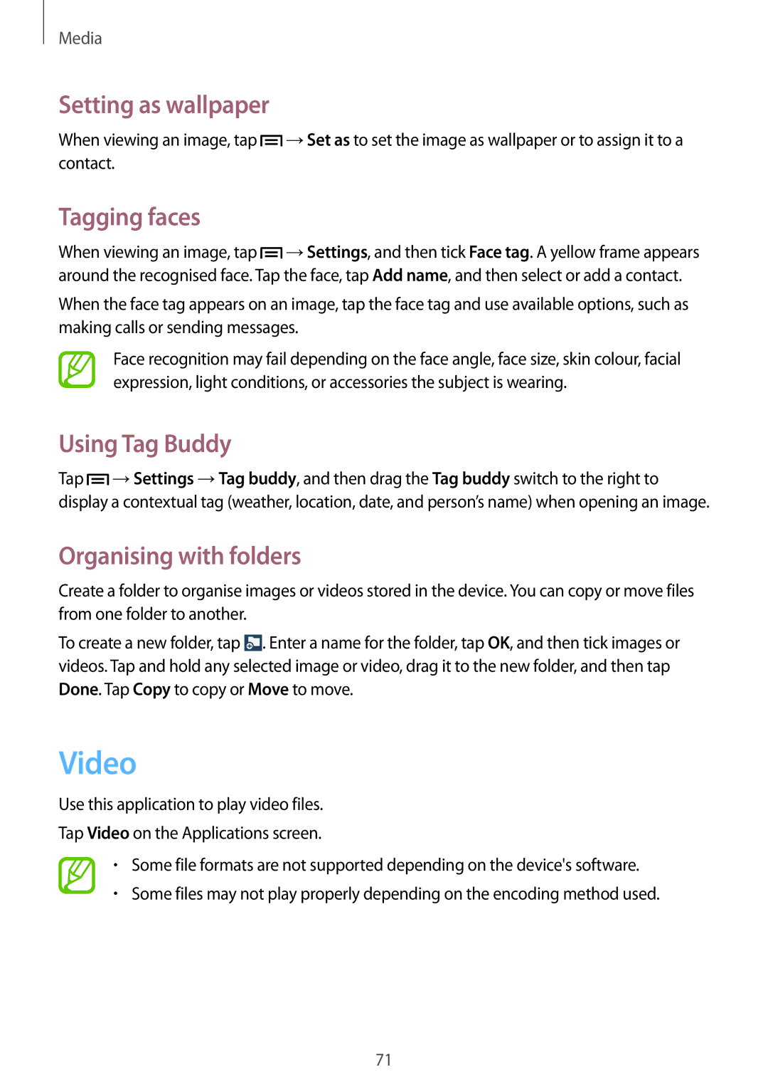 Samsung SM-G3815ZBAVD2, SM-G3815RWAVGR, SM-G3815RWASEB manual Video, Setting as wallpaper, Tagging faces, Using Tag Buddy 