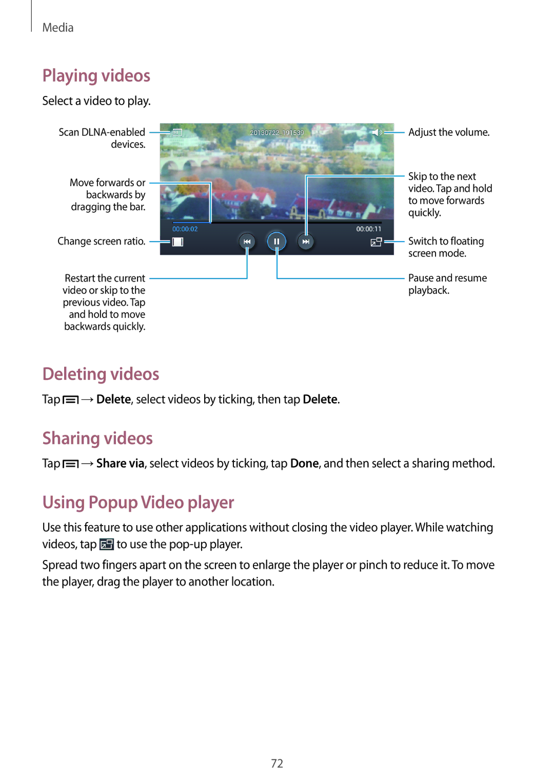 Samsung SM-G3815ZBAVGR, SM-G3815RWAVGR, SM-G3815RWASEB manual Deleting videos, Sharing videos, Using Popup Video player 
