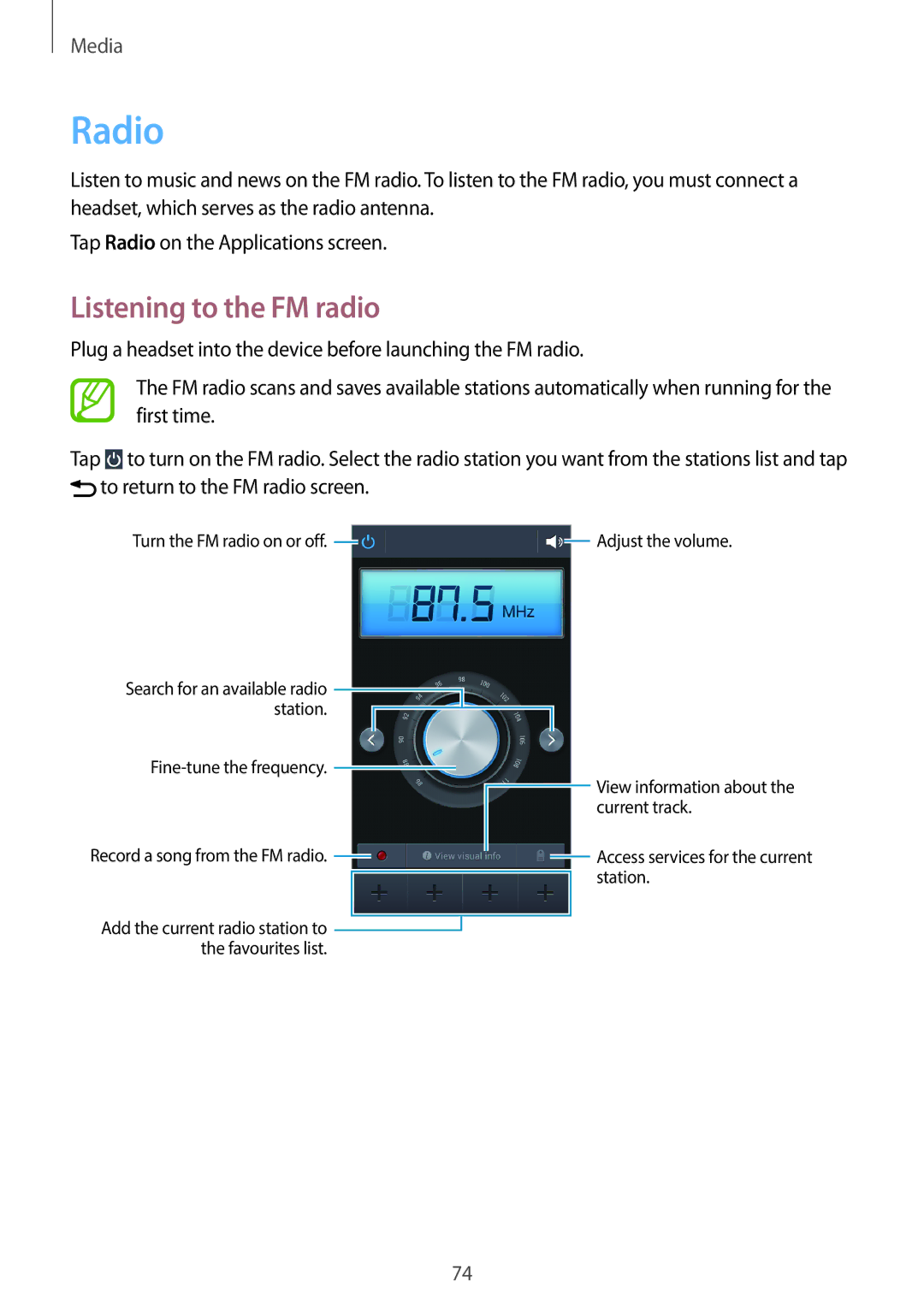 Samsung SM-G3815ZBASFR, SM-G3815RWAVGR, SM-G3815RWASEB, SM-G3815ZBASEB, SM-G3815RWAVD2 manual Radio, Listening to the FM radio 