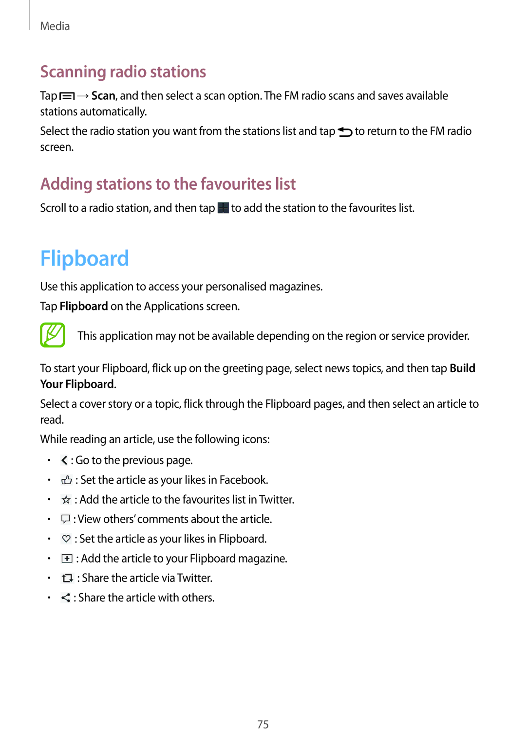 Samsung SM-G3815RWASFR, SM-G3815RWAVGR manual Flipboard, Scanning radio stations, Adding stations to the favourites list 