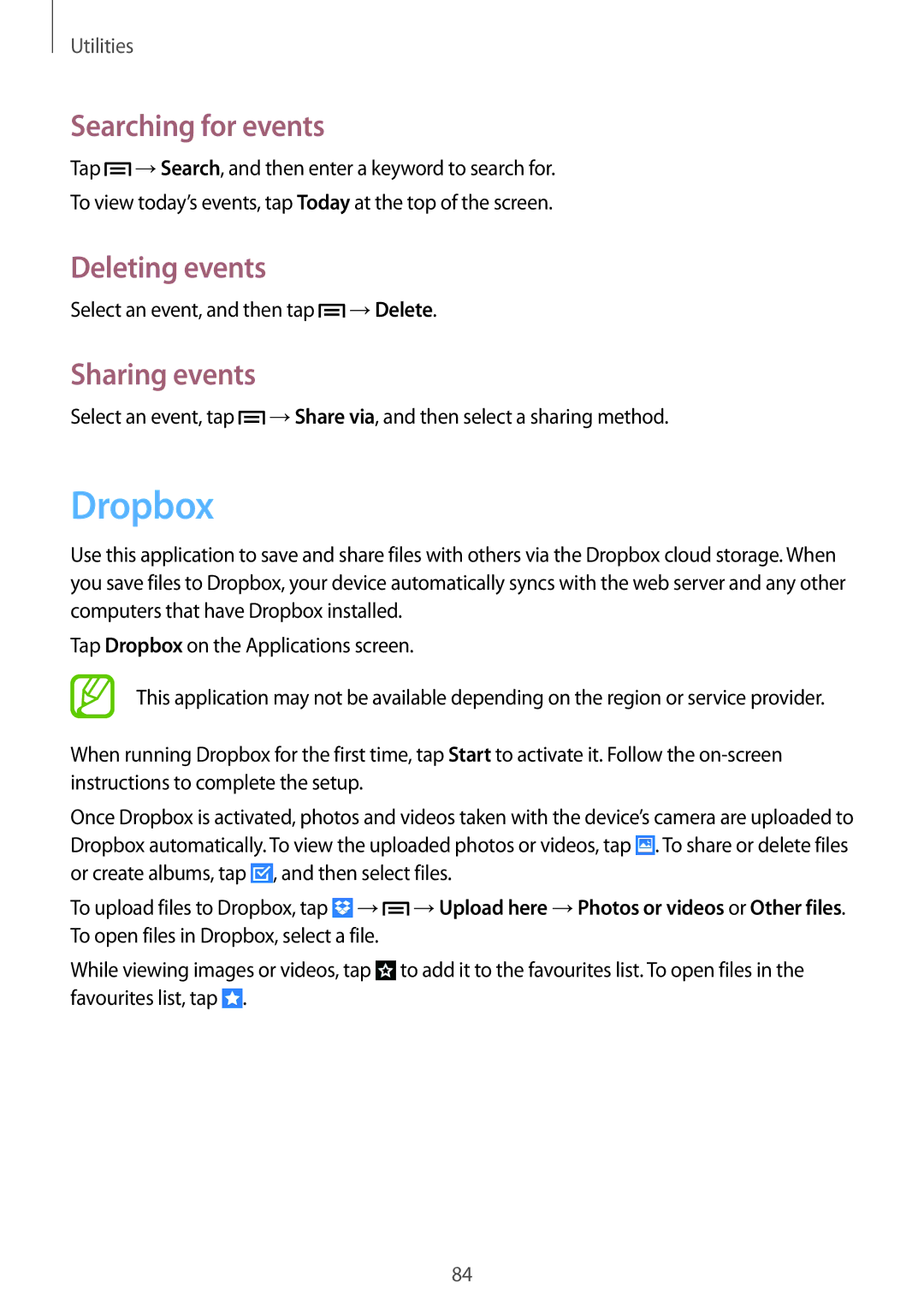 Samsung SM-G3815RWABGL, SM-G3815RWAVGR, SM-G3815RWASEB manual Dropbox, Searching for events, Deleting events, Sharing events 