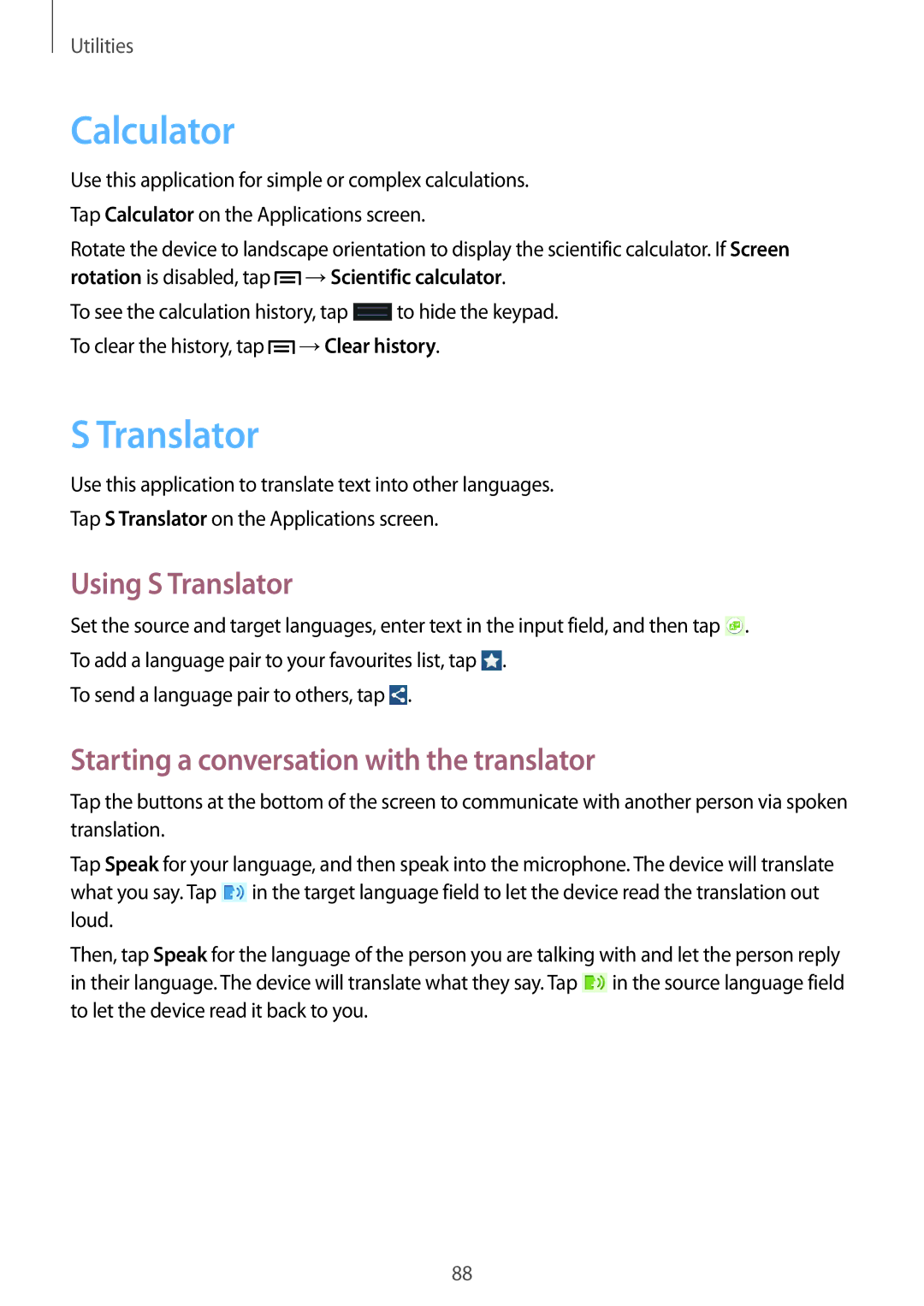 Samsung SM-G3815RWAVGR, SM-G3815RWASEB Calculator, Using S Translator, Starting a conversation with the translator 