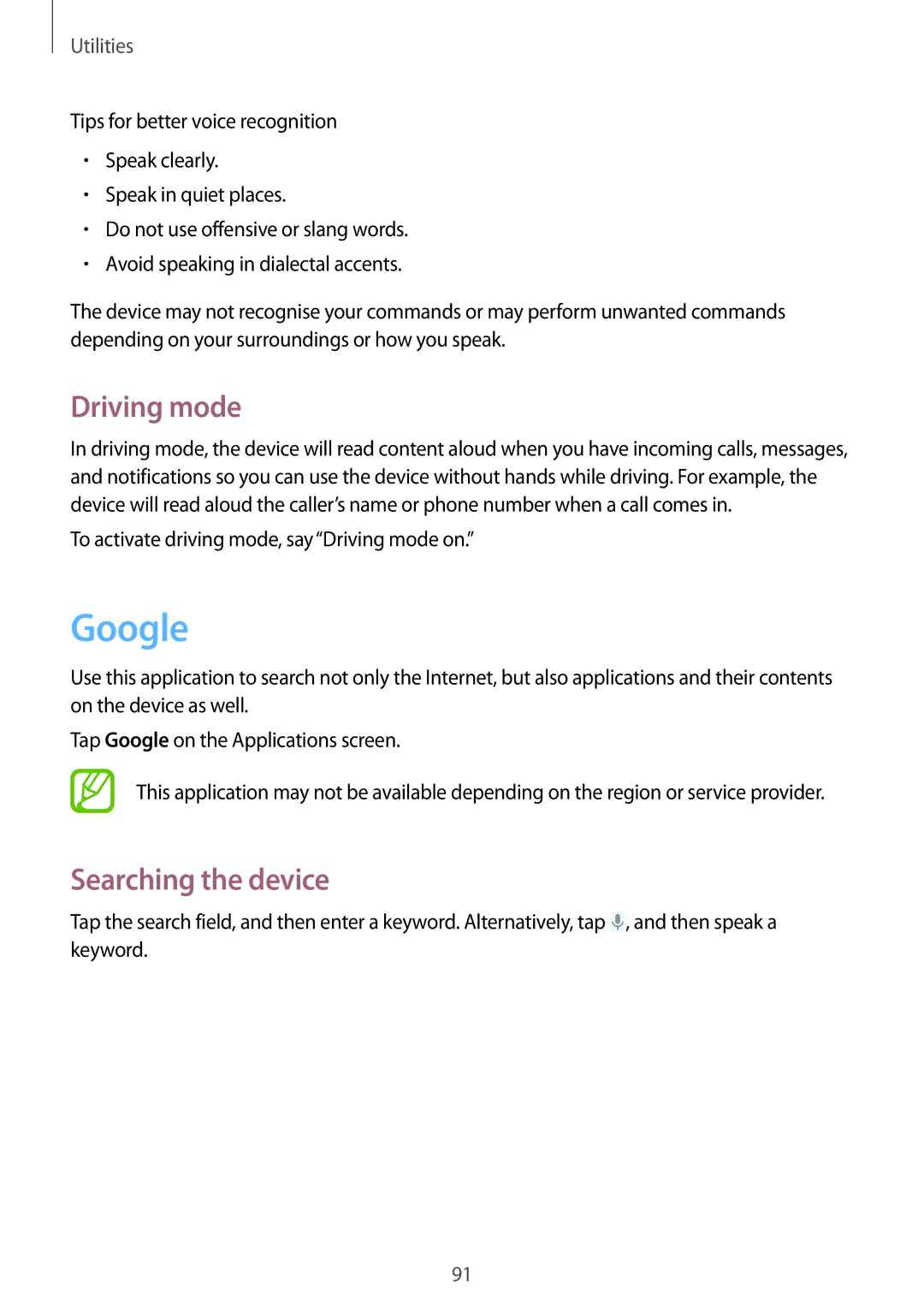 Samsung SM-G3815RWAVD2, SM-G3815RWAVGR, SM-G3815RWASEB, SM-G3815ZBASEB manual Google, Driving mode, Searching the device 