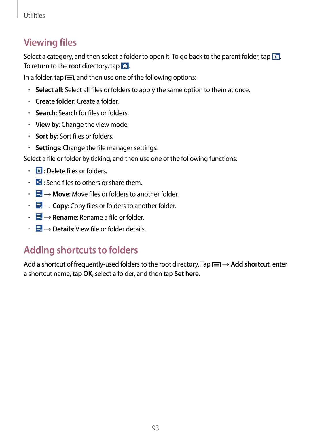 Samsung SM-G3815ZBAVD2, SM-G3815RWAVGR, SM-G3815RWASEB, SM-G3815ZBASEB manual Viewing files, Adding shortcuts to folders 