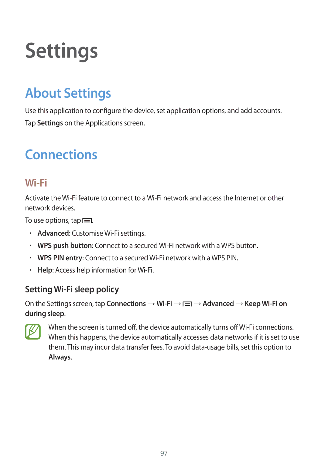 Samsung SM-G3815RWASFR, SM-G3815RWAVGR, SM-G3815RWASEB manual About Settings, Connections, Setting Wi-Fi sleep policy 