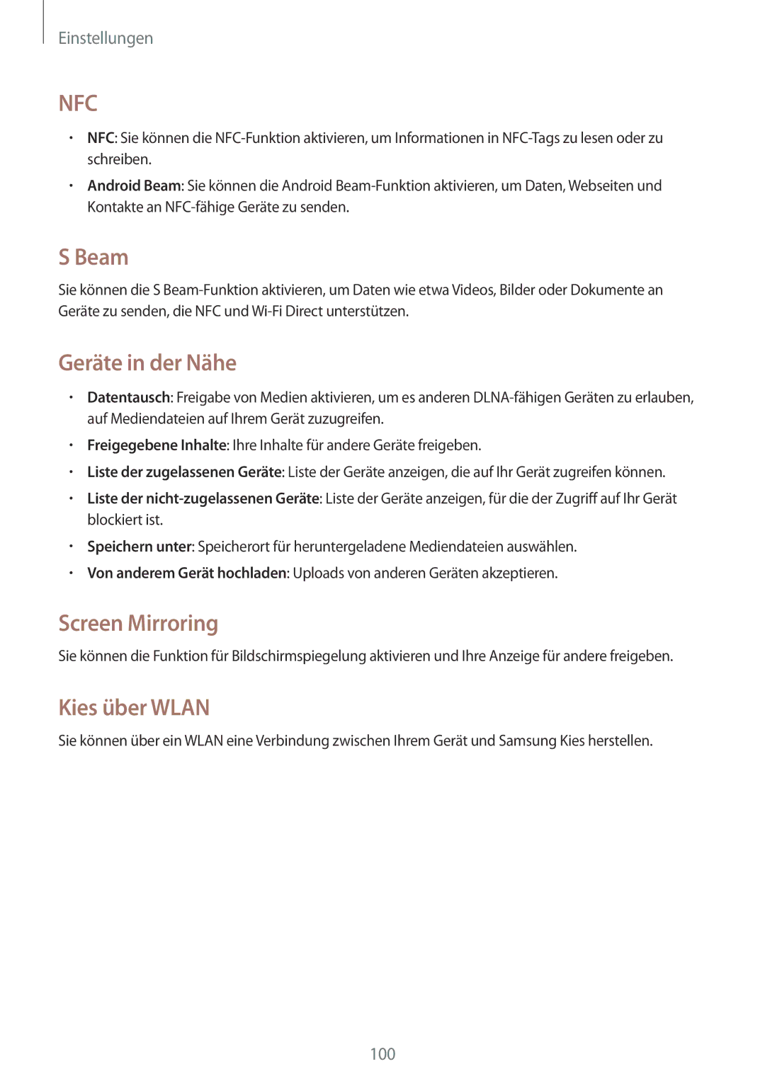 Samsung SM-G3815RWAVGR, SM-G3815RWASEB, SM-G3815ZBASEB manual Beam, Geräte in der Nähe, Screen Mirroring, Kies über Wlan 