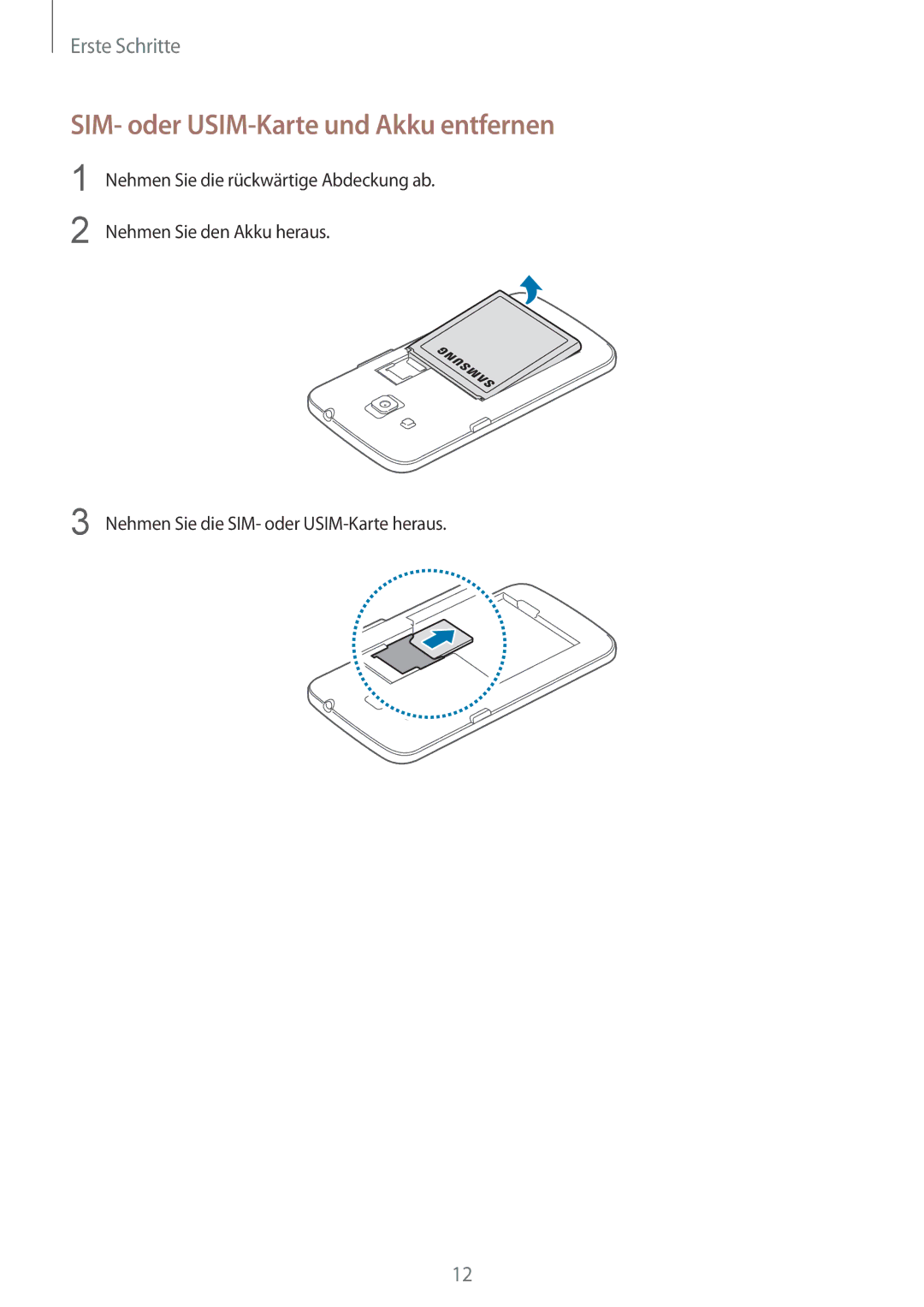 Samsung SM-G3815ZBASEB, SM-G3815RWAVGR, SM-G3815RWASEB, SM-G3815RWAVD2 manual SIM- oder USIM-Karte und Akku entfernen 