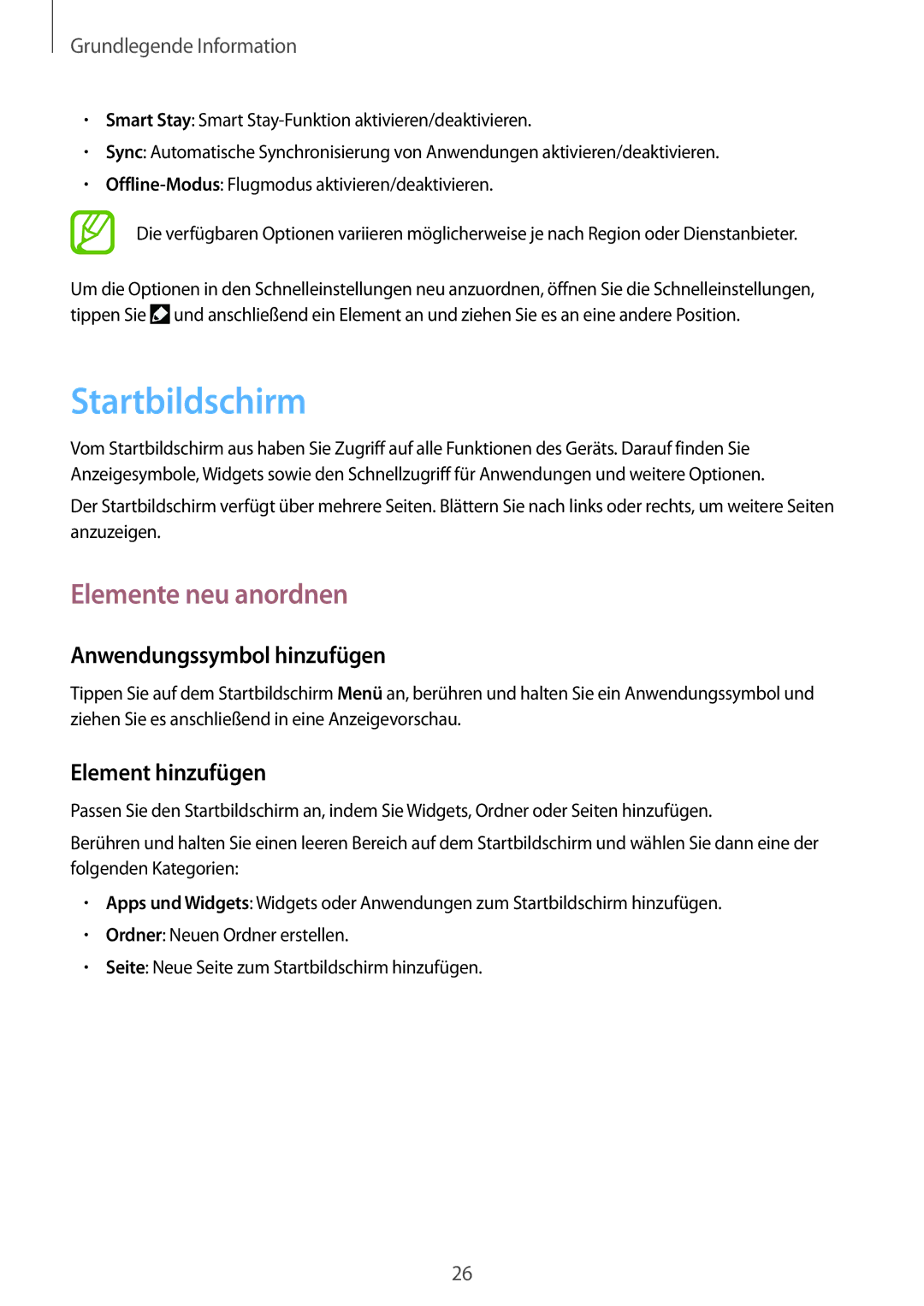 Samsung SM-G3815ZBAVGR manual Startbildschirm, Elemente neu anordnen, Anwendungssymbol hinzufügen, Element hinzufügen 