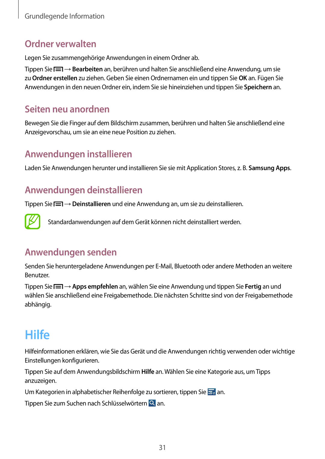 Samsung SM-G3815RWASEB Hilfe, Ordner verwalten, Anwendungen installieren, Anwendungen deinstallieren, Anwendungen senden 