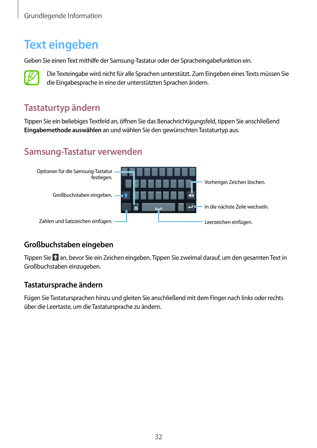 Samsung SM-G3815ZBASEB, SM-G3815RWAVGR Text eingeben, Tastaturtyp ändern, Großbuchstaben eingeben, Tastatursprache ändern 