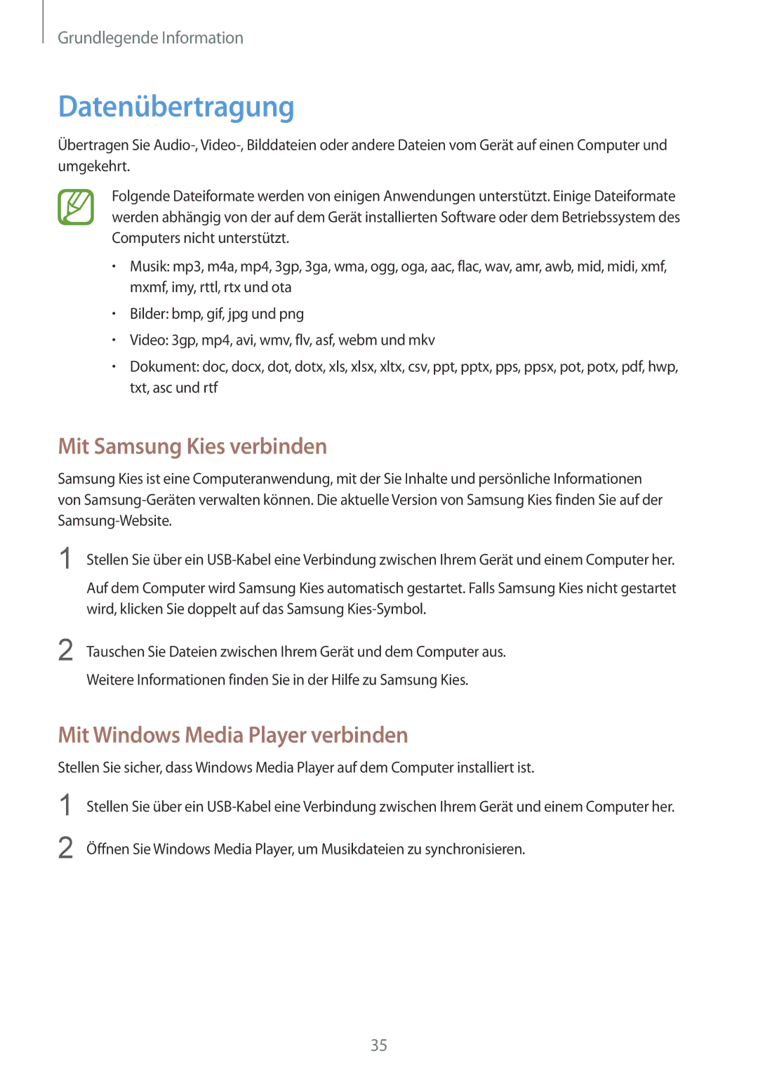 Samsung SM-G3815ZBAVD2, SM-G3815RWAVGR Datenübertragung, Mit Samsung Kies verbinden, Mit Windows Media Player verbinden 