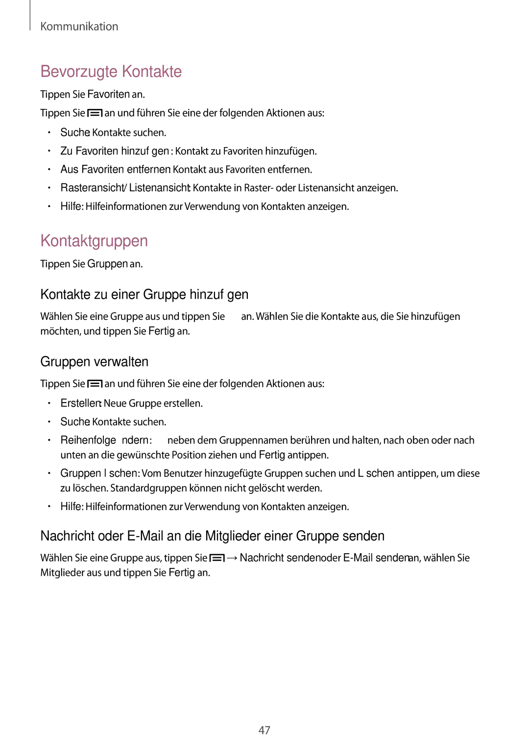 Samsung SM-G3815RWAVDR manual Bevorzugte Kontakte, Kontaktgruppen, Kontakte zu einer Gruppe hinzufügen, Gruppen verwalten 