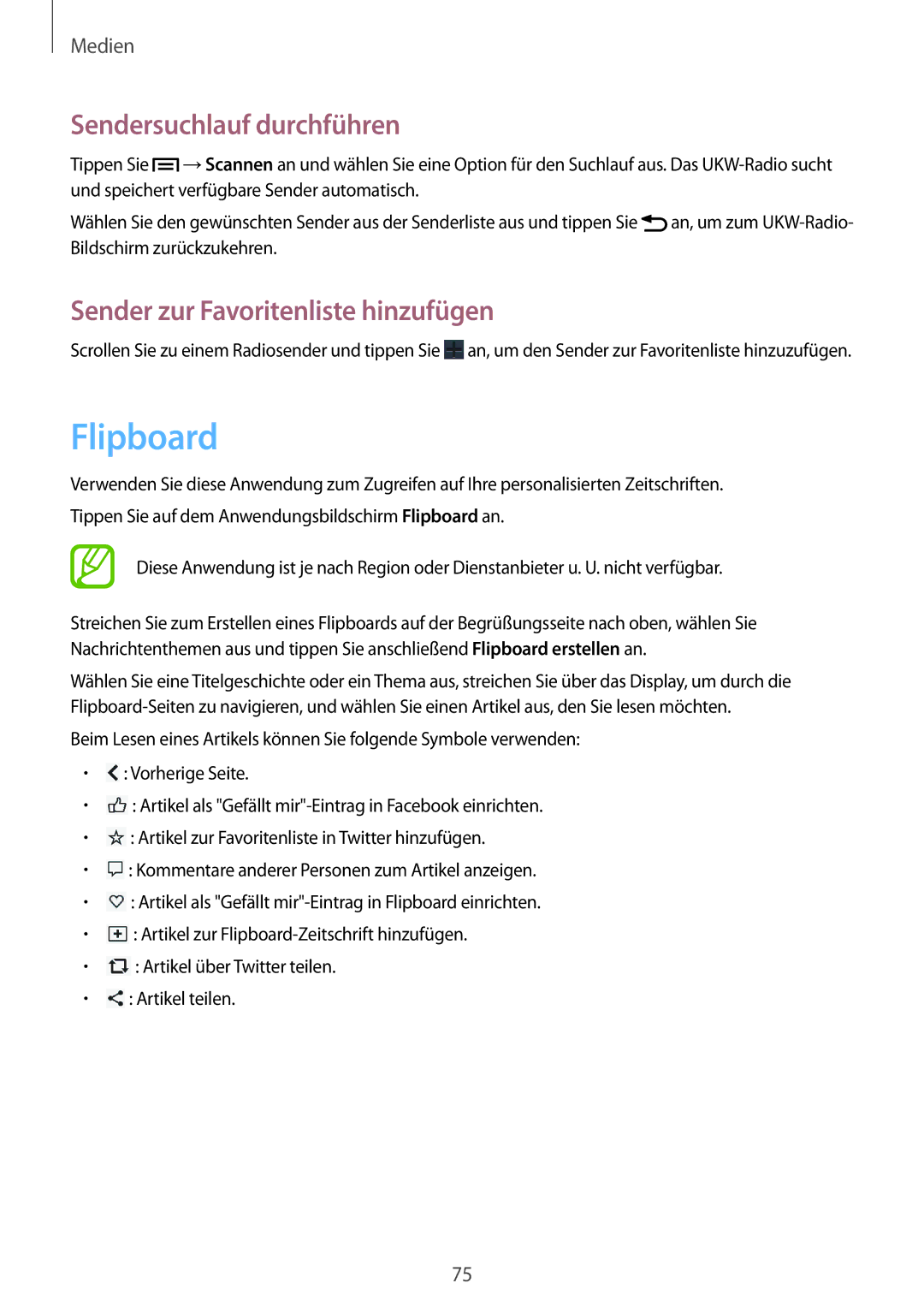 Samsung SM-G3815ZBAVD2, SM-G3815RWAVGR manual Flipboard, Sendersuchlauf durchführen, Sender zur Favoritenliste hinzufügen 
