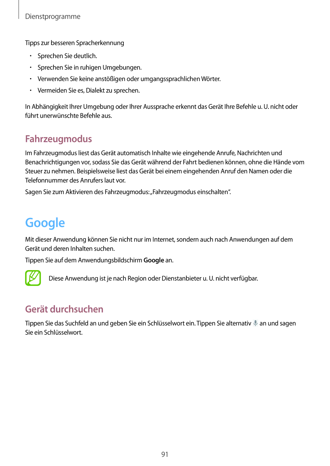 Samsung SM-G3815RWASEB, SM-G3815RWAVGR, SM-G3815ZBASEB, SM-G3815RWAVD2 manual Google, Fahrzeugmodus, Gerät durchsuchen 