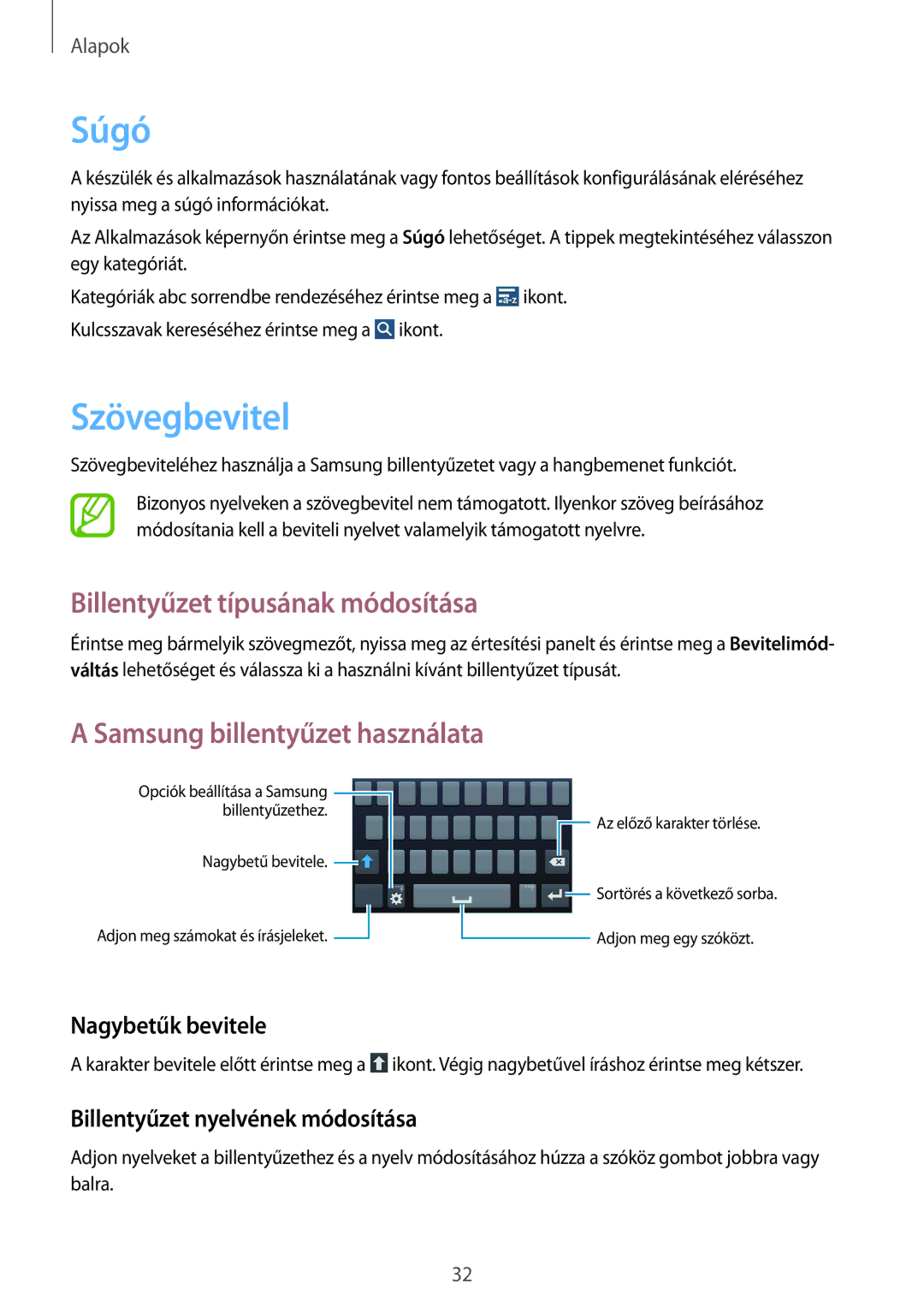 Samsung SM-G3815ZBAVDC manual Súgó, Szövegbevitel, Billentyűzet típusának módosítása, Samsung billentyűzet használata 