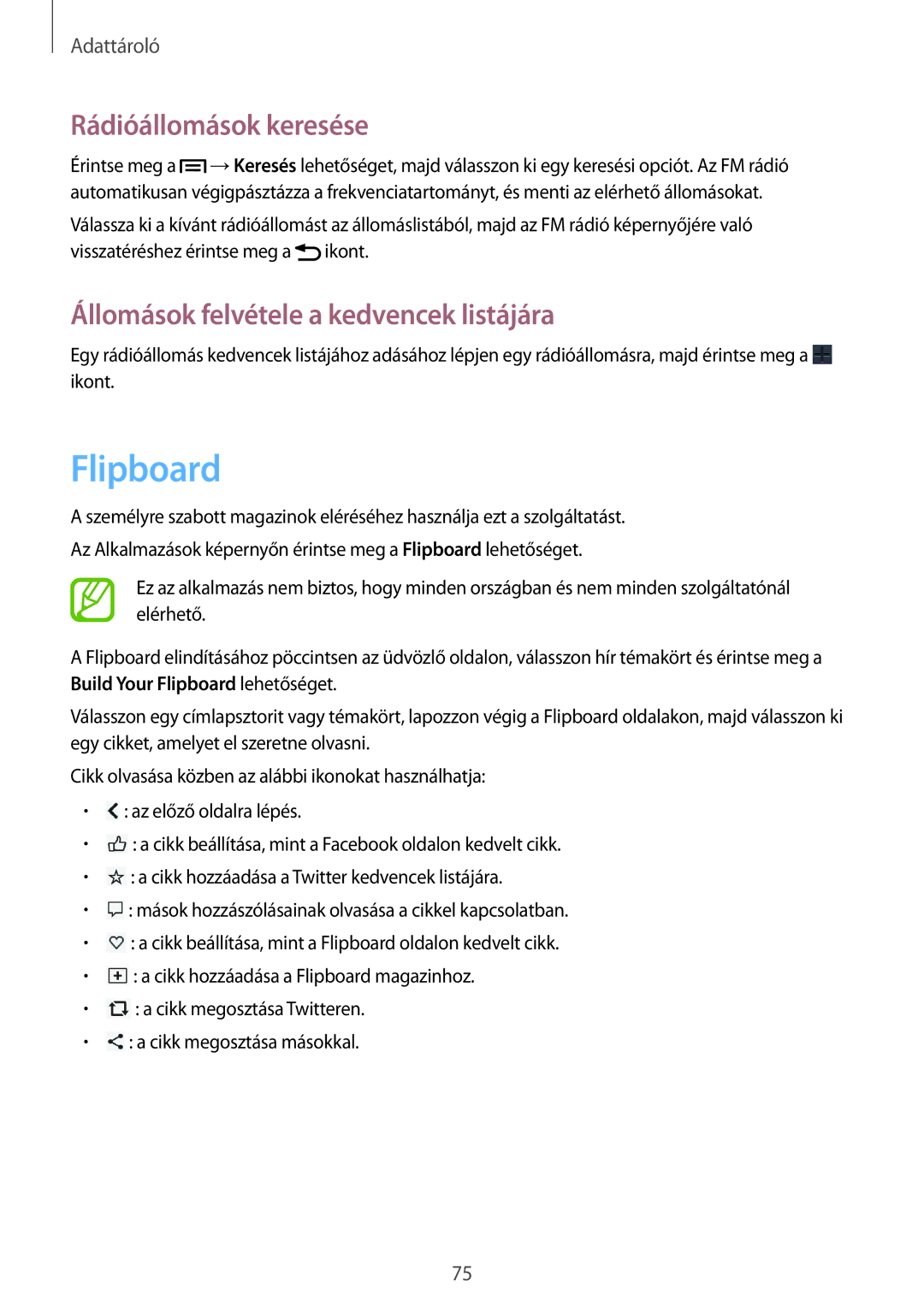 Samsung SM-G3815ZBAVDH, SM-G3815RWAVGR manual Flipboard, Rádióállomások keresése, Állomások felvétele a kedvencek listájára 