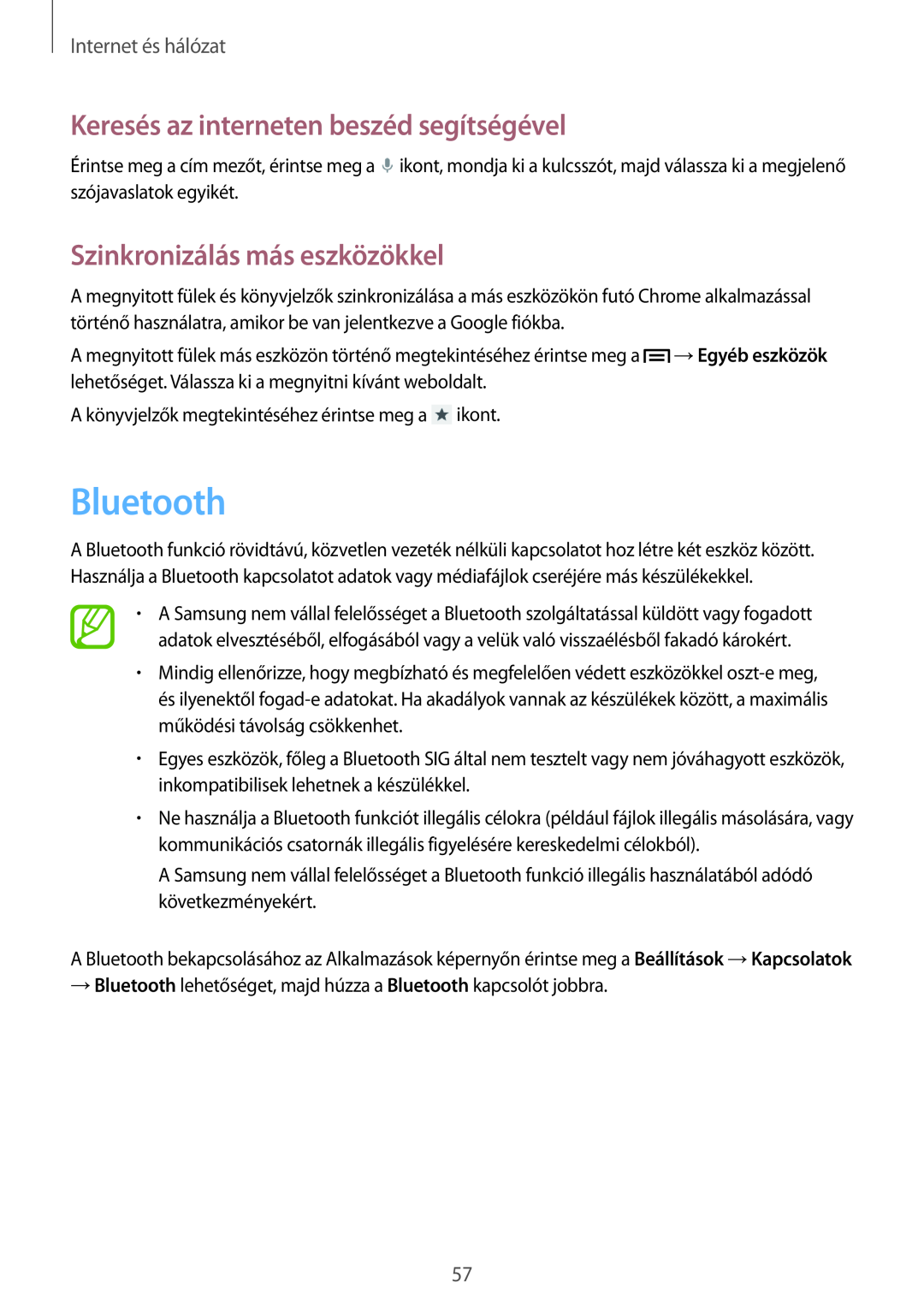 Samsung SM-G3815ZBAVGR manual Bluetooth, Szinkronizálás más eszközökkel, Keresés az interneten beszéd segítségével 