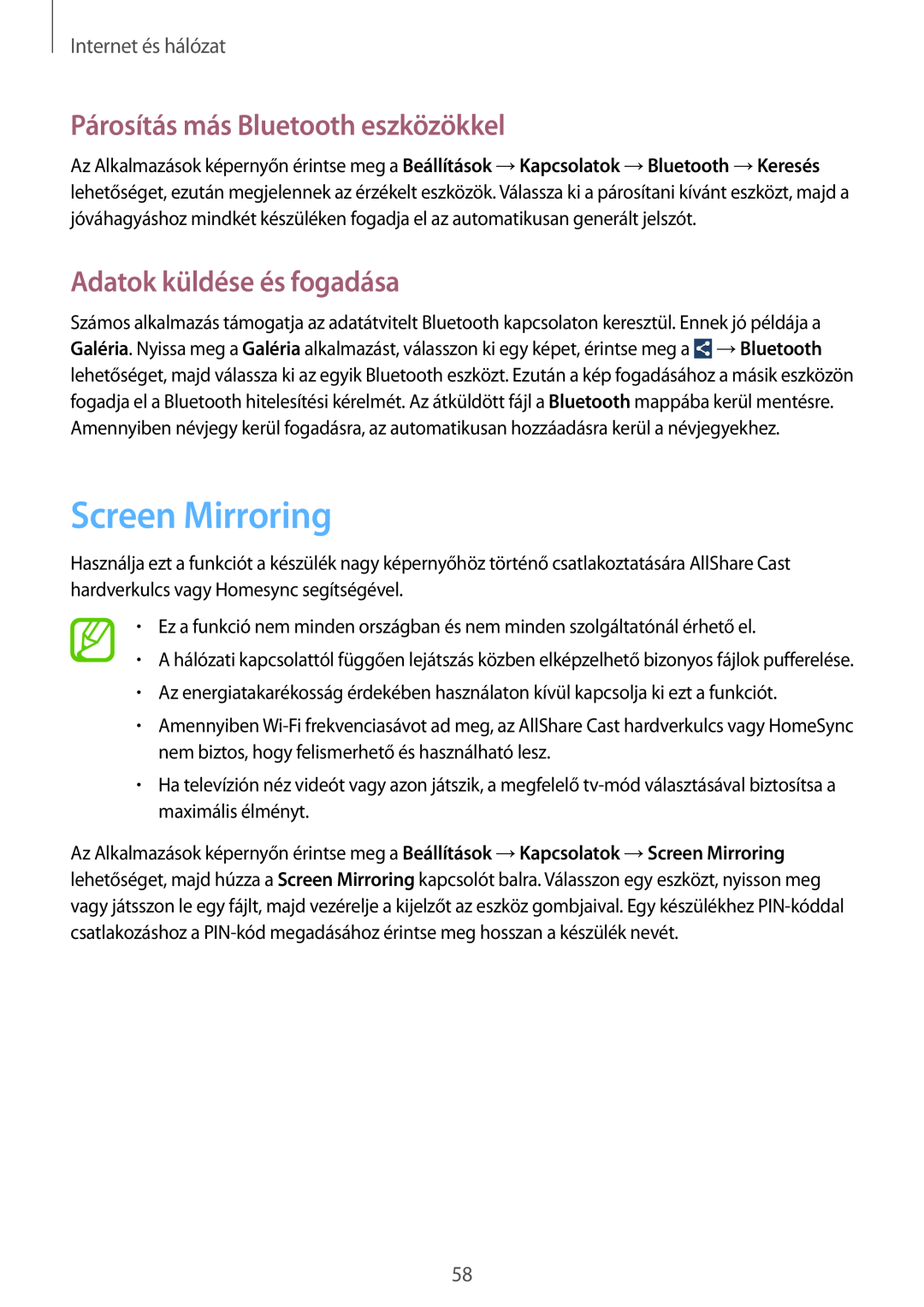 Samsung SM-G3815ZBACNX, SM-G3815RWAVGR Screen Mirroring, Párosítás más Bluetooth eszközökkel, Adatok küldése és fogadása 