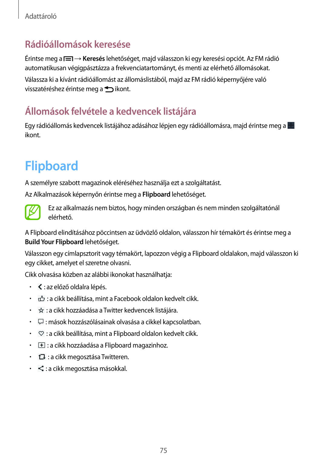 Samsung SM-G3815ZBAVDH manual Flipboard, Rádióállomások keresése, Állomások felvétele a kedvencek listájára, Adattároló 