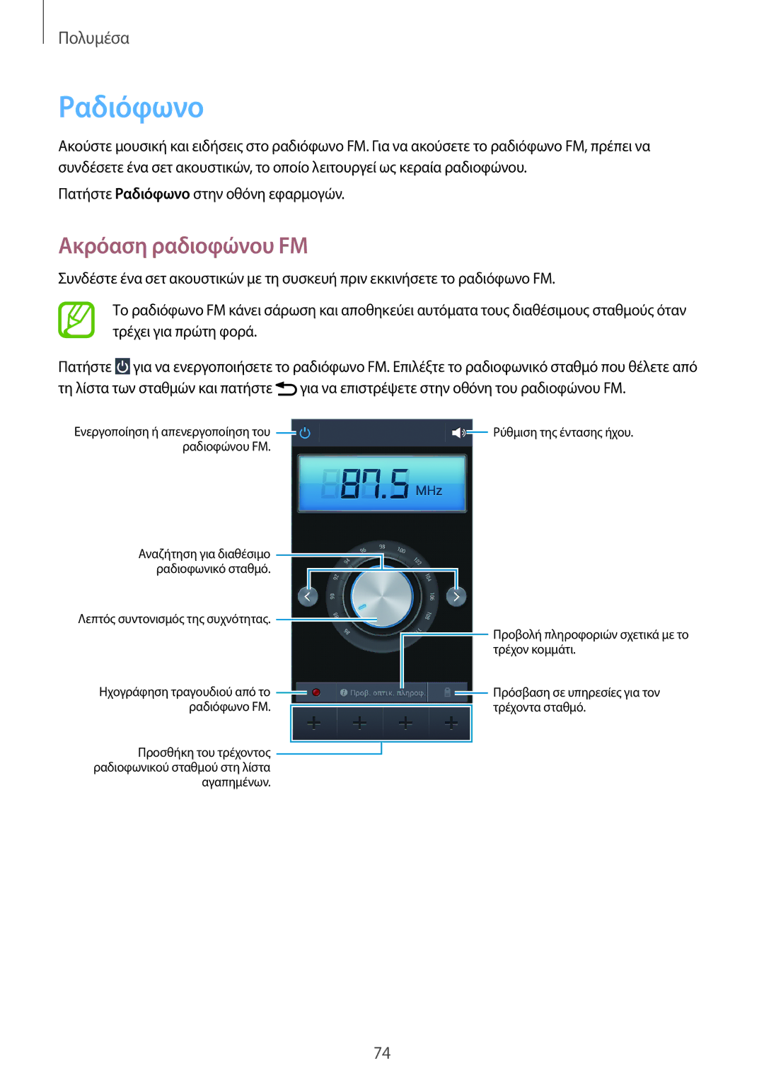 Samsung SM-G3815RWAVGR, SM-G3815ZBAVGR manual Ραδιόφωνο, Ακρόαση ραδιoφώνου FM 