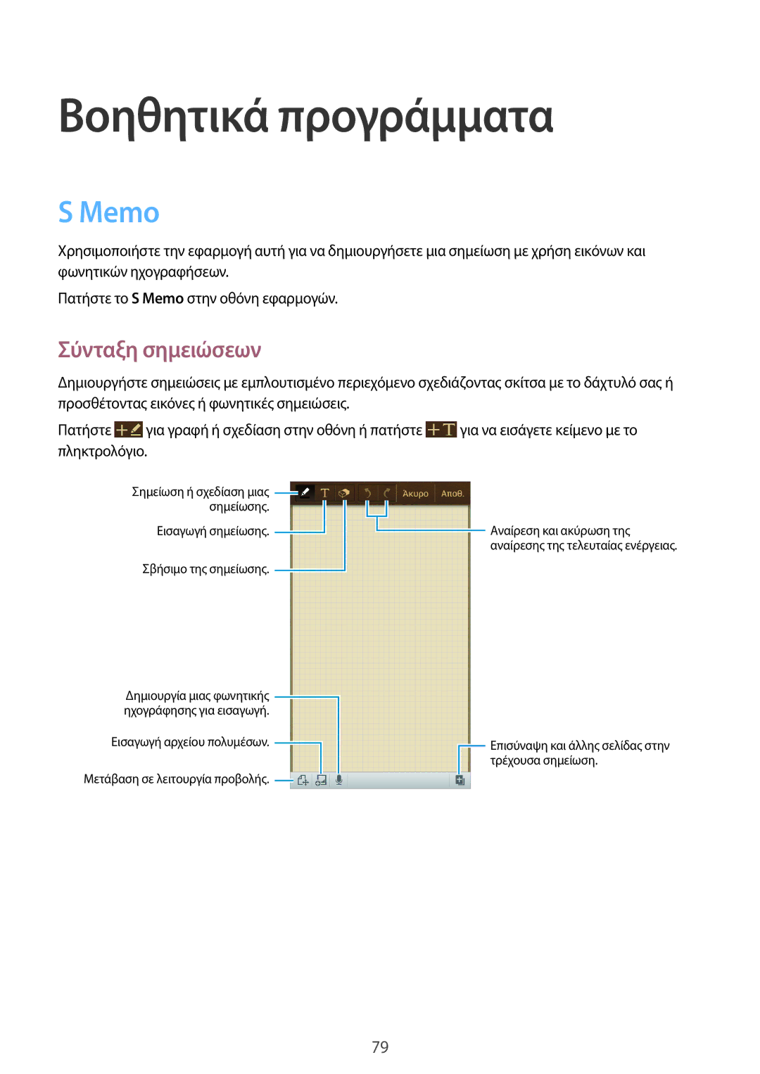 Samsung SM-G3815ZBAVGR, SM-G3815RWAVGR manual Βοηθητικά προγράμματα, Memo, Σύνταξη σημειώσεων 