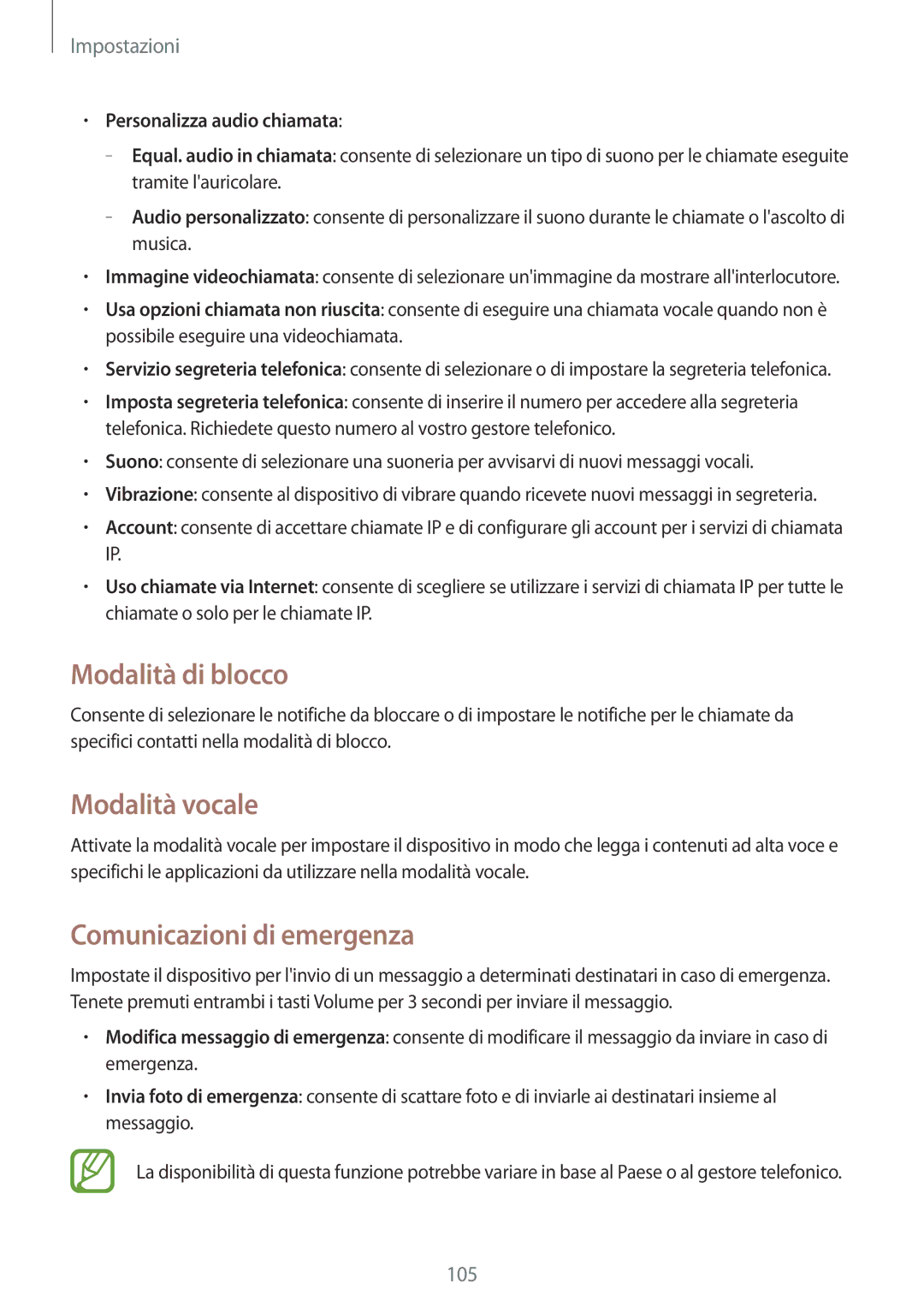 Samsung SM-G3815ZBAOMN, SM-G3815RWAOMN manual Modalità di blocco, Comunicazioni di emergenza, Personalizza audio chiamata 