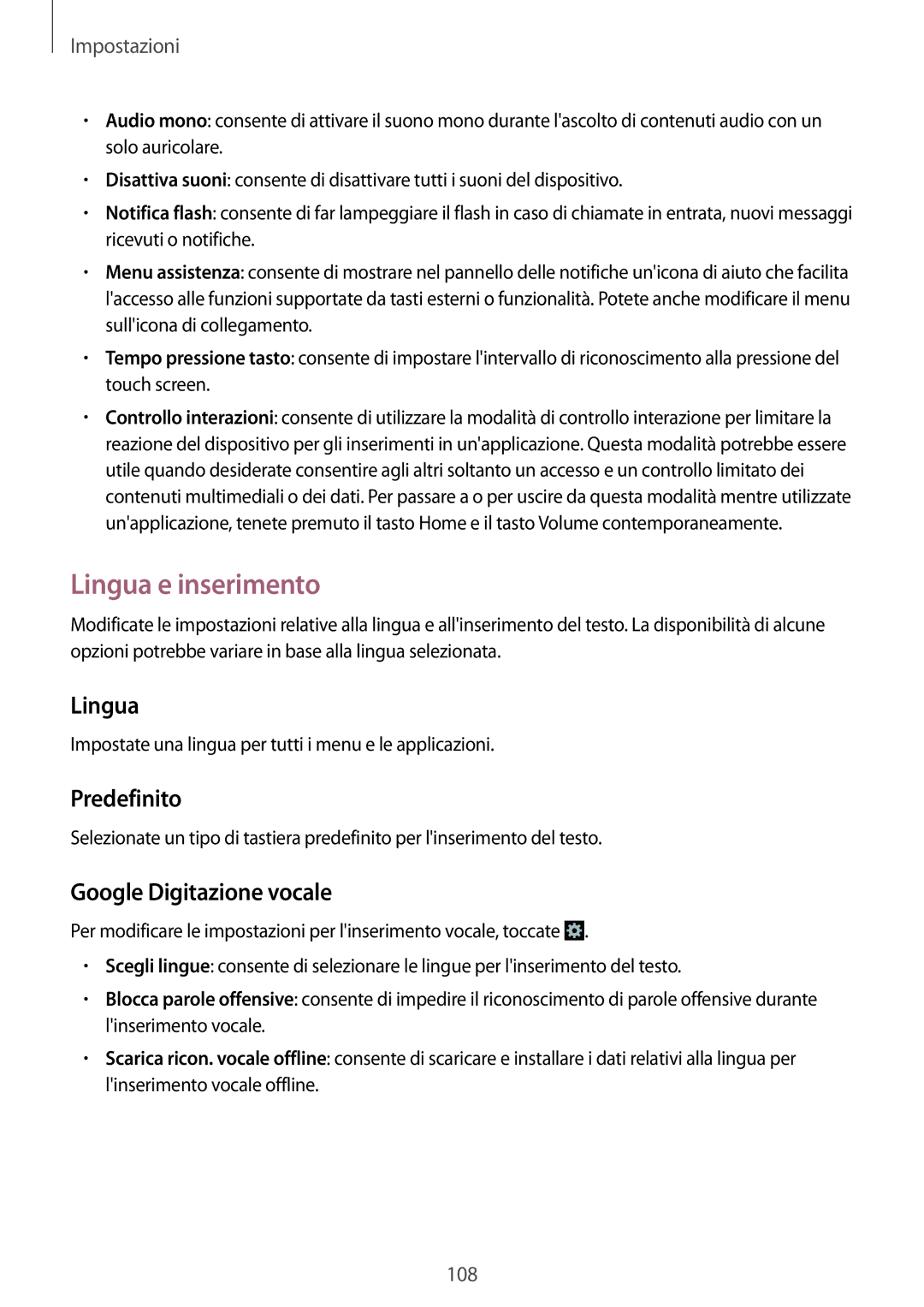 Samsung SM-G3815ZBAOMN, SM-G3815RWAOMN, SM-G3815ZBACNX manual Lingua e inserimento, Predefinito, Google Digitazione vocale 