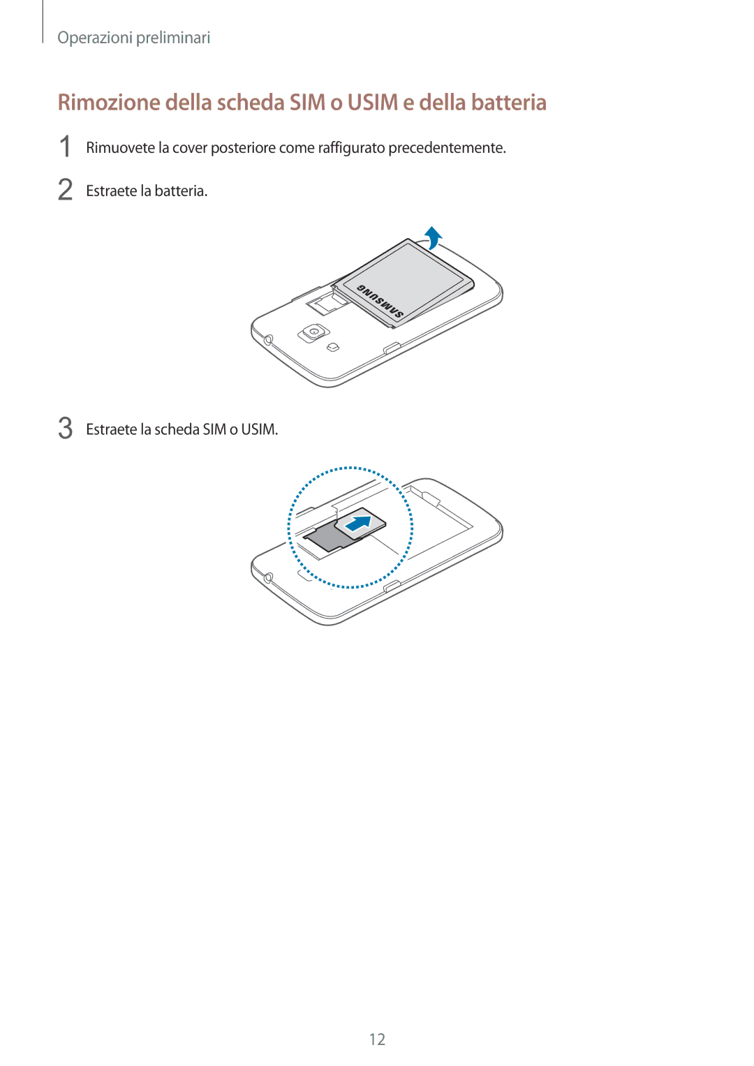 Samsung SM-G3815ZBAOMN, SM-G3815RWAOMN, SM-G3815ZBACNX manual Rimozione della scheda SIM o Usim e della batteria 