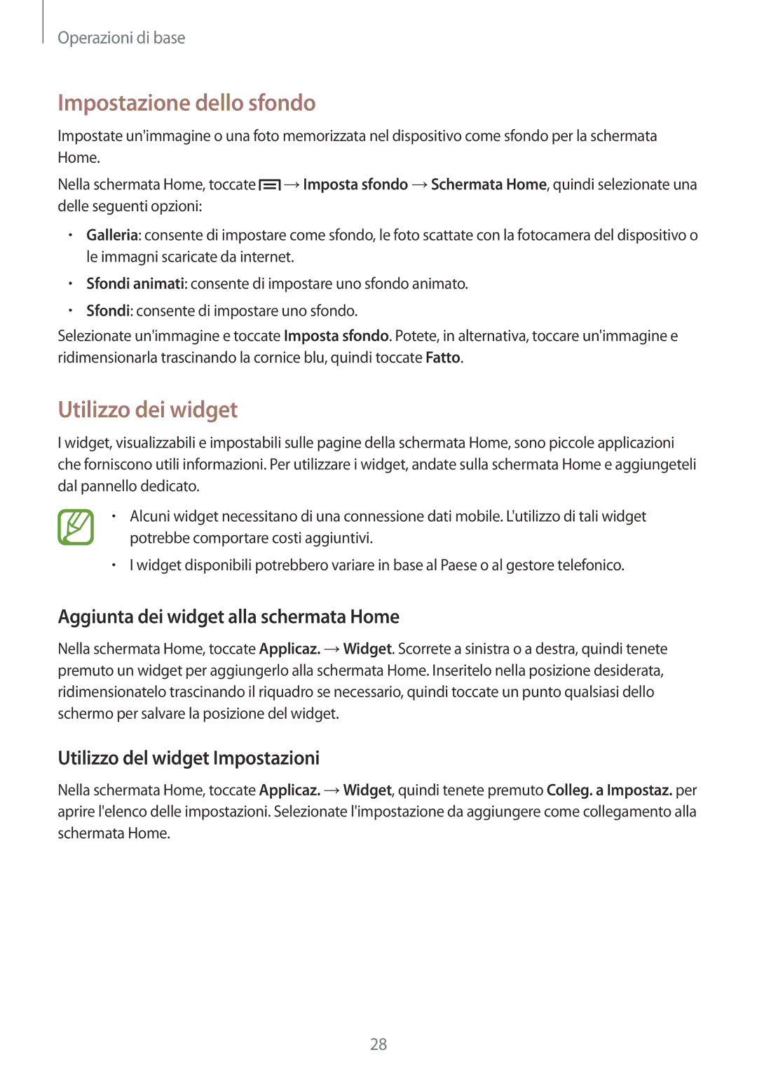 Samsung SM-G3815RWAOMN manual Impostazione dello sfondo, Utilizzo dei widget, Aggiunta dei widget alla schermata Home 