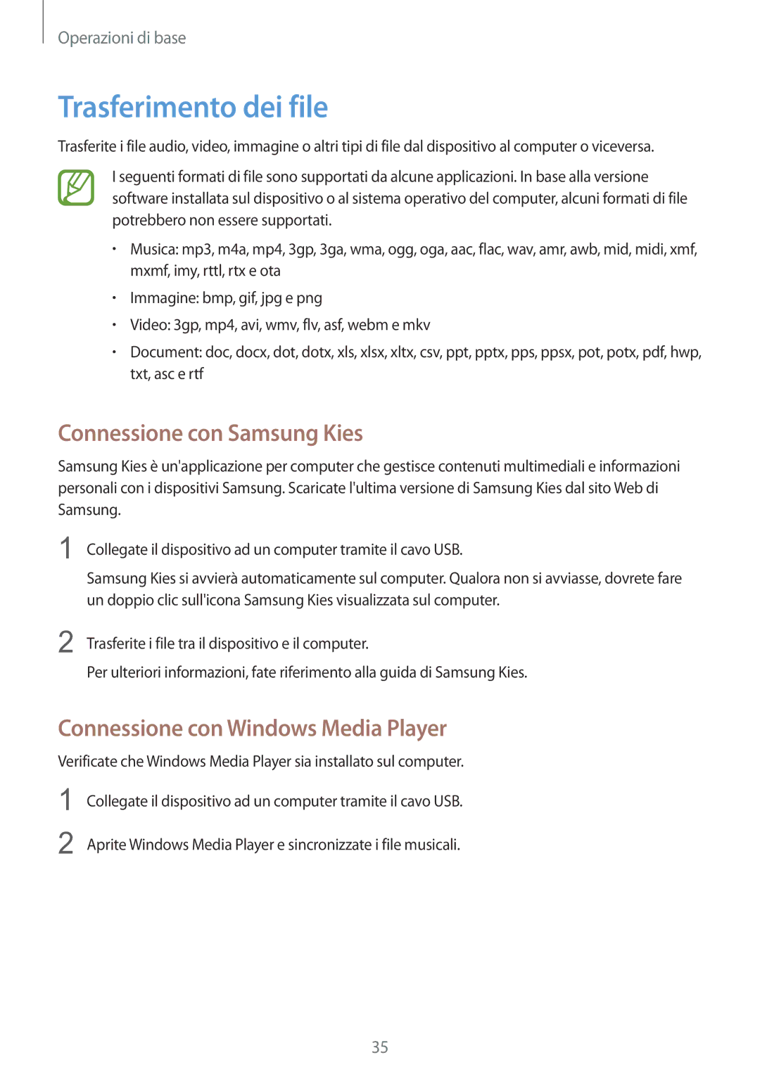 Samsung SM-G3815ZBACNX manual Trasferimento dei file, Connessione con Samsung Kies, Connessione con Windows Media Player 