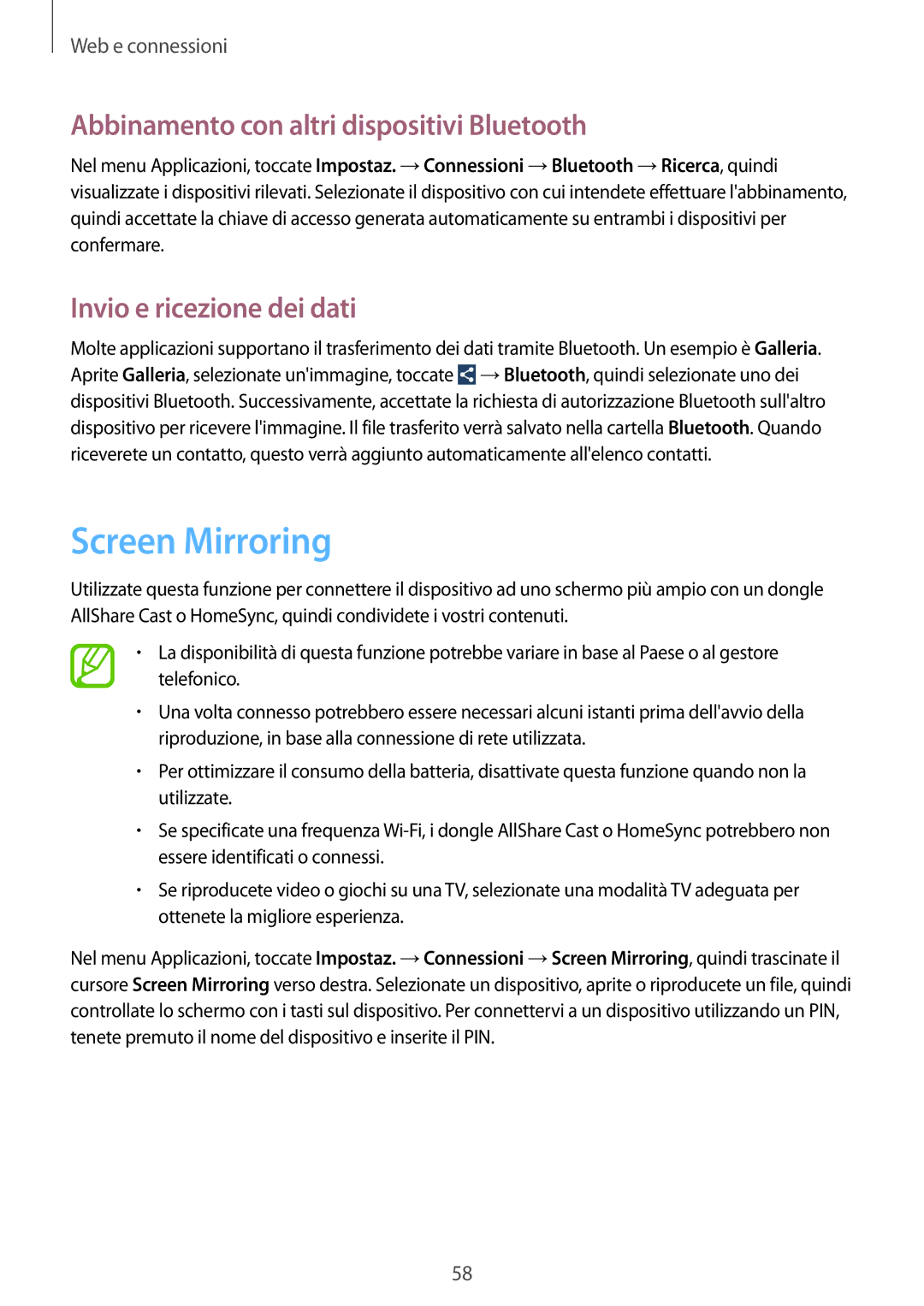 Samsung SM-G3815RWAOMN manual Screen Mirroring, Abbinamento con altri dispositivi Bluetooth, Invio e ricezione dei dati 