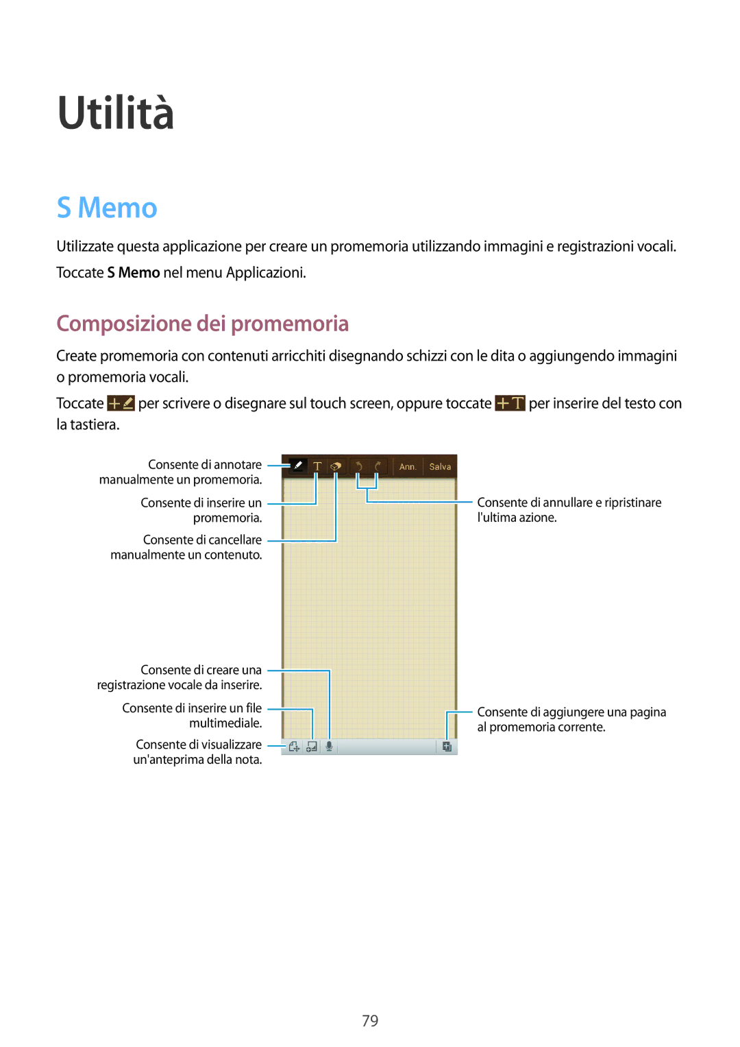 Samsung SM-G3815RWAOMN, SM-G3815ZBAOMN, SM-G3815ZBACNX manual Utilità, Memo, Composizione dei promemoria 