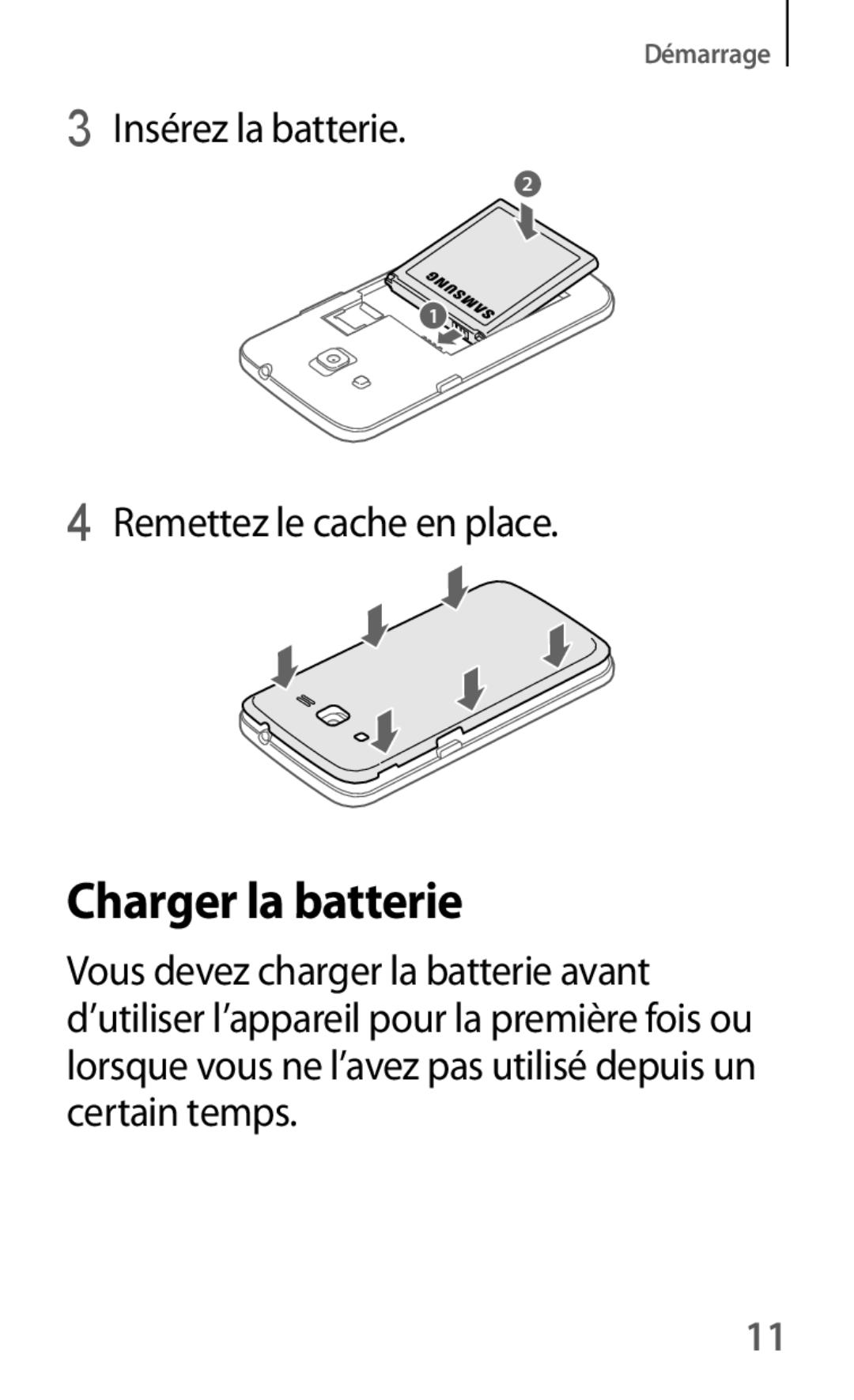 Samsung SM-G3815RWASFR, SM-G3815ZBASFR manual Charger la batterie 