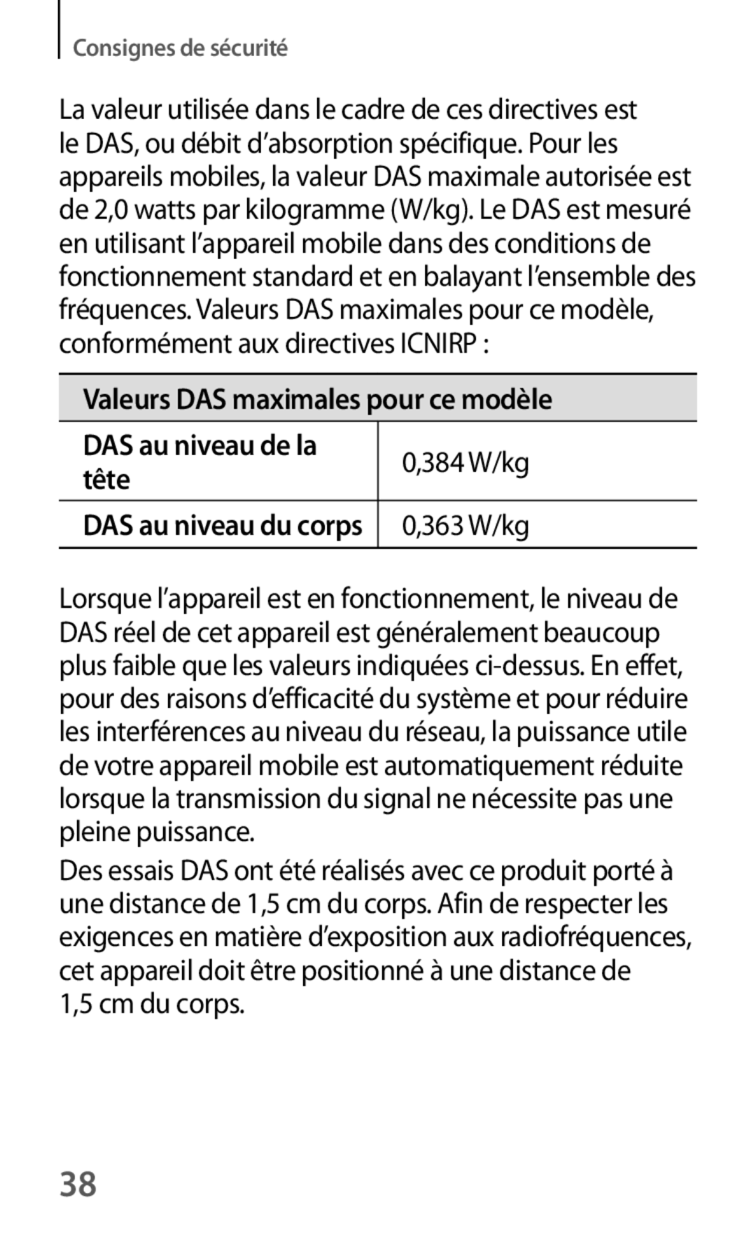 Samsung SM-G3815ZBASFR, SM-G3815RWASFR manual Valeurs DAS maximales pour ce modèle, 384 W/kg, Tête, 363 W/kg 